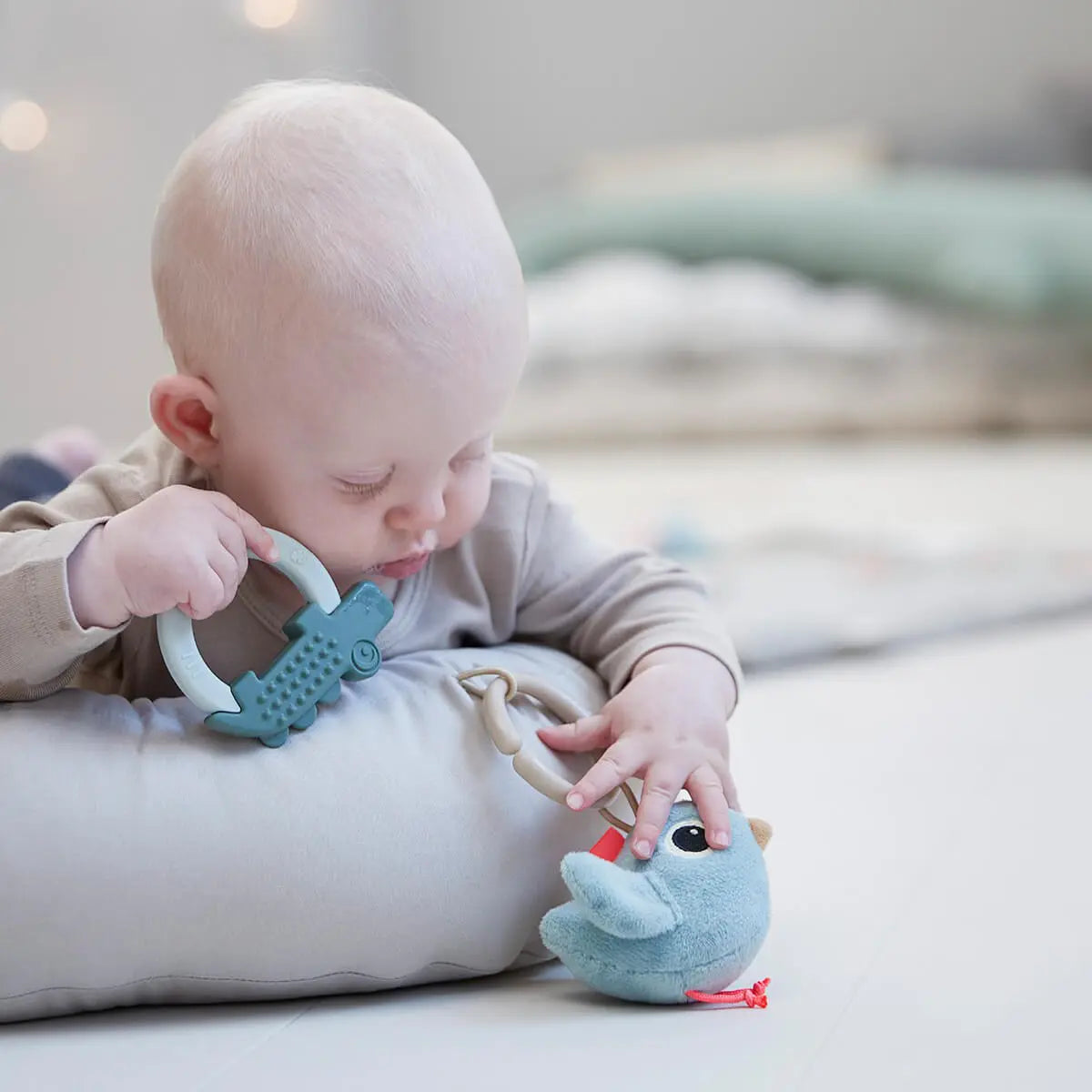DONE BY DEER Cozy Baby Lounger with Activity Arch & Raffi Toy - Soft Infant Seat for Playtime, Tummy Time & Relaxation - Perfect for Newborns & Babies 0-12 Months