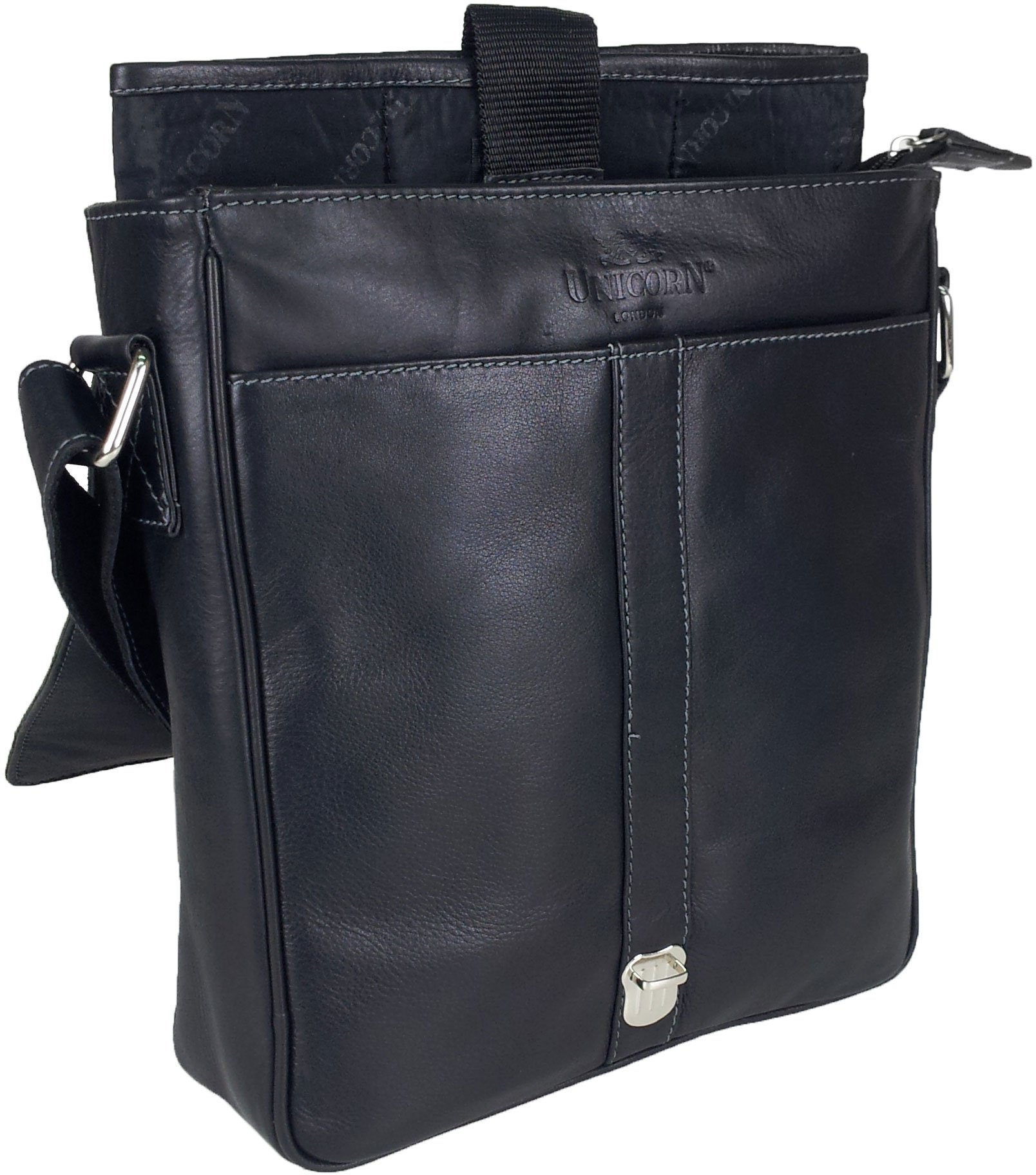 Premium Genuine Leather Messenger Bag for iPad, Ebook & Tablets - Stylish Black Unicorn Design - Perfect for Work, School & Travel Accessories