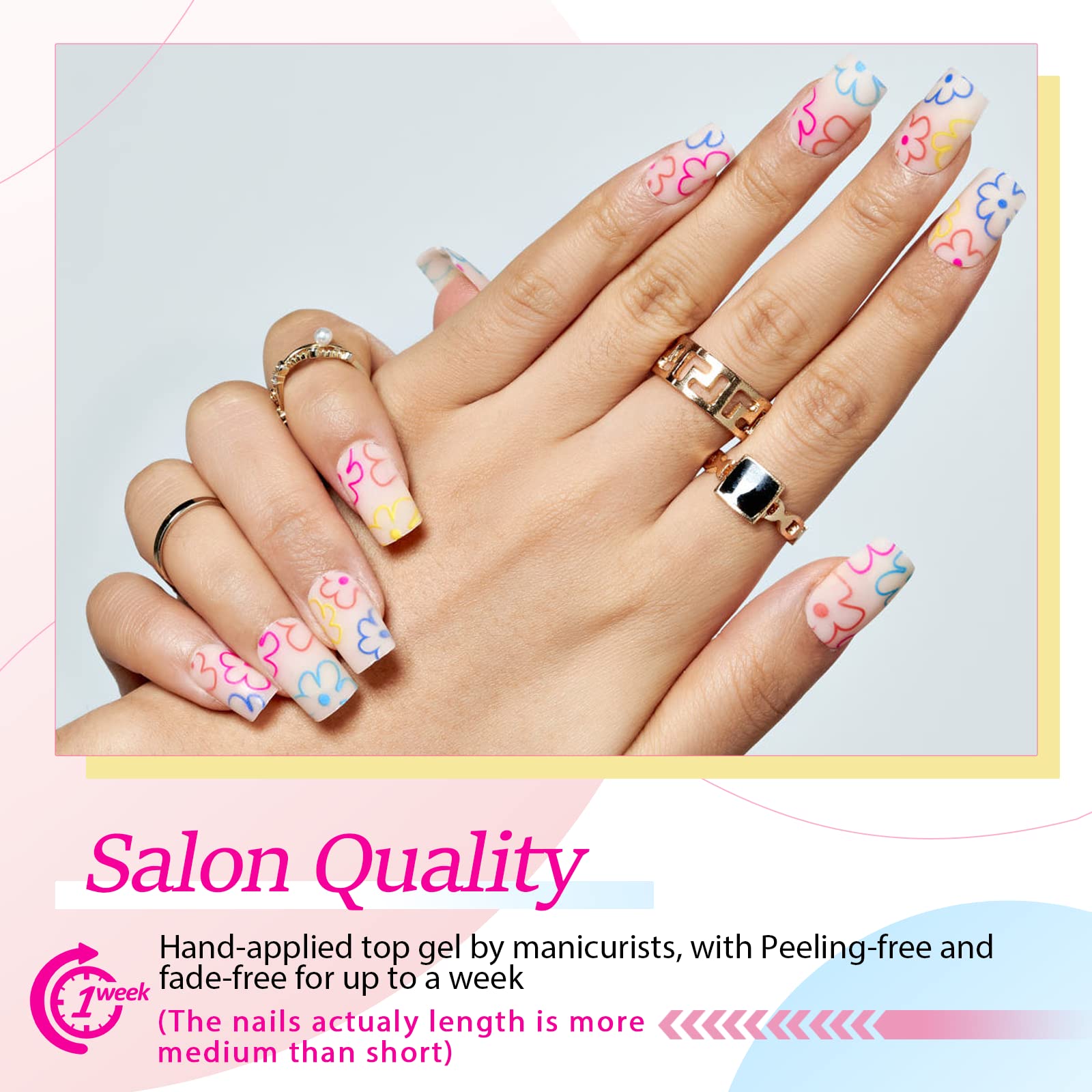 Glamermaid Medium Square Press On Nails - Spring Floral Blossom Fake Nails Short Pink, Reusable Acrylic Stick On Nails with Glossy Gel Flower Design, Nail Kit with Glue for Women (Perfect for Weddings, Parties & Everyday Wear)