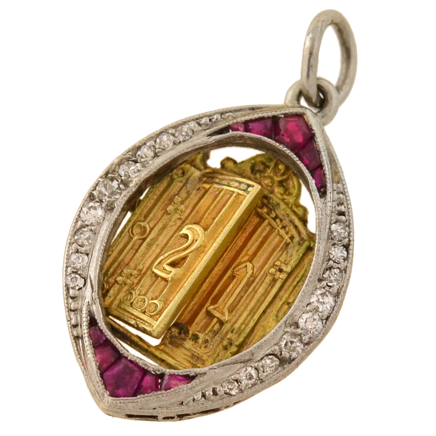 Edwardian Platinum & 14K Gold Ruby Diamond 21 Golden Door Charm Pendant Necklace - Vintage Jewelry Gift for Women, Bridal Party, Anniversary & Special Occasions