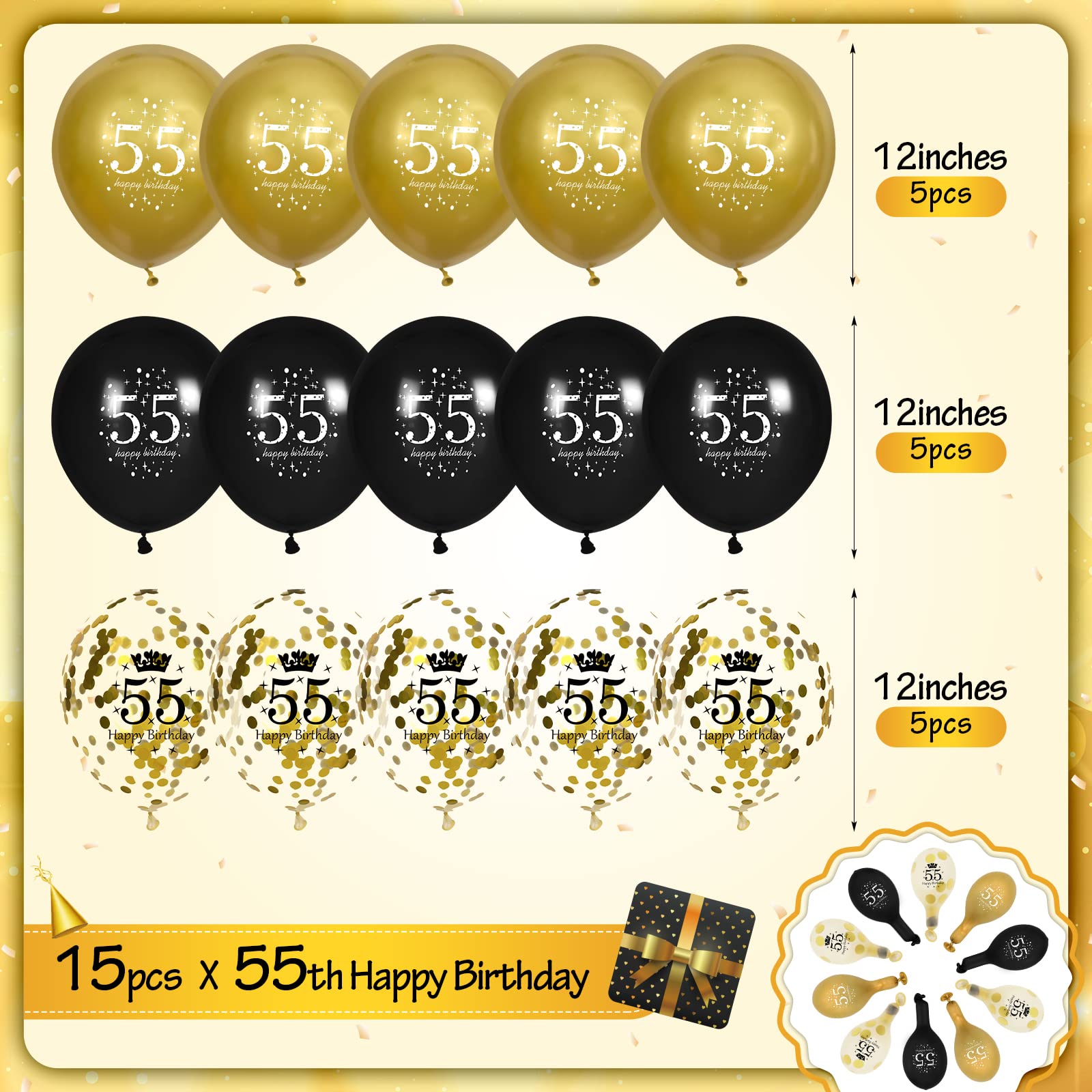 55th Birthday Balloons for Men & Women - 15 Pcs Black Gold Happy Birthday Party Decorations - Perfect for 55th Birthday Celebrations, Anniversaries, and Retirement Parties