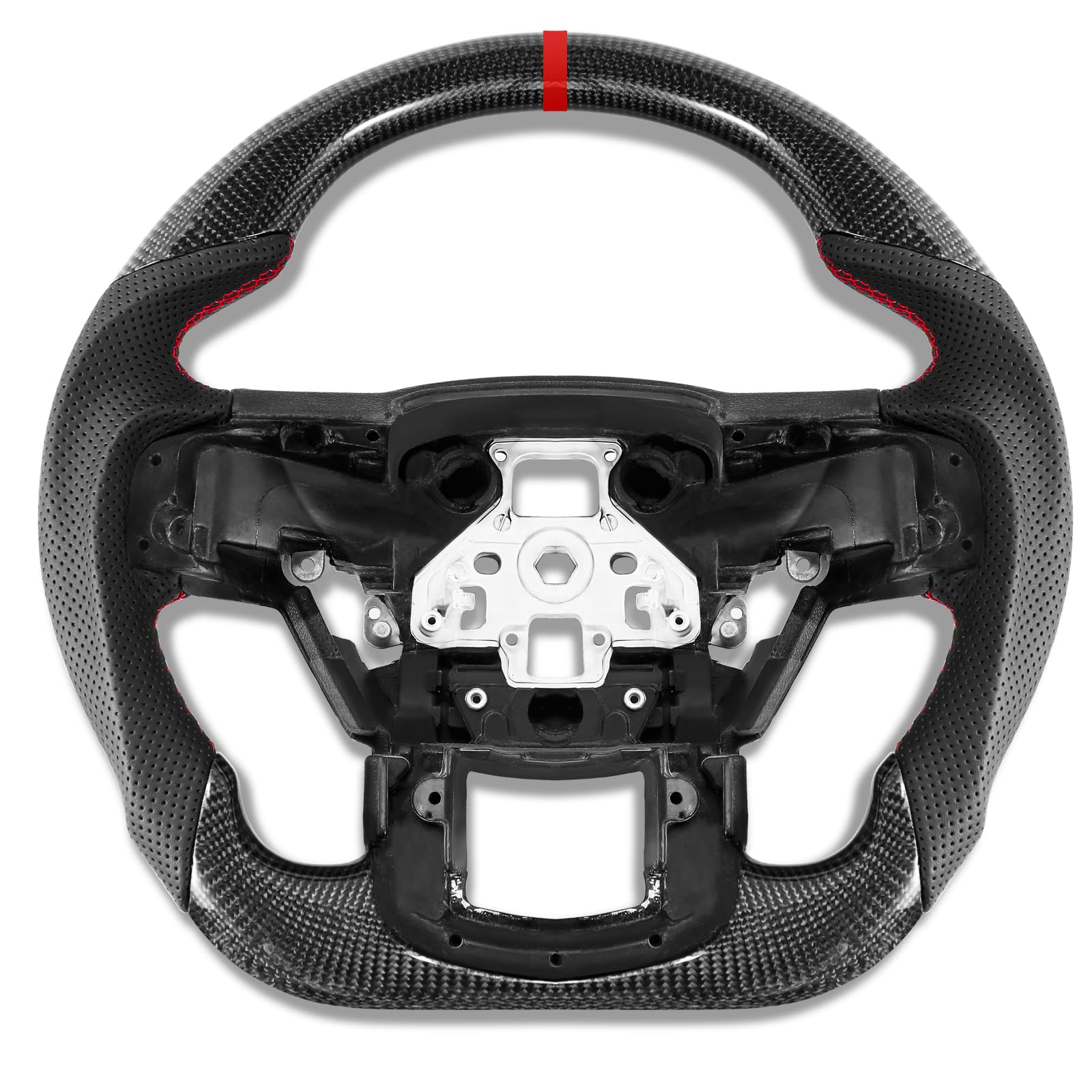 Carbon Fiber Steering Wheel for Ford Raptor 2015-2020 | D-Shaped Flat-Bottom Design | Perforated Leather Grip & Hand-Stitched | Compatible with Paddle Shifters | Upgrade Your Off-Road Driving Experience