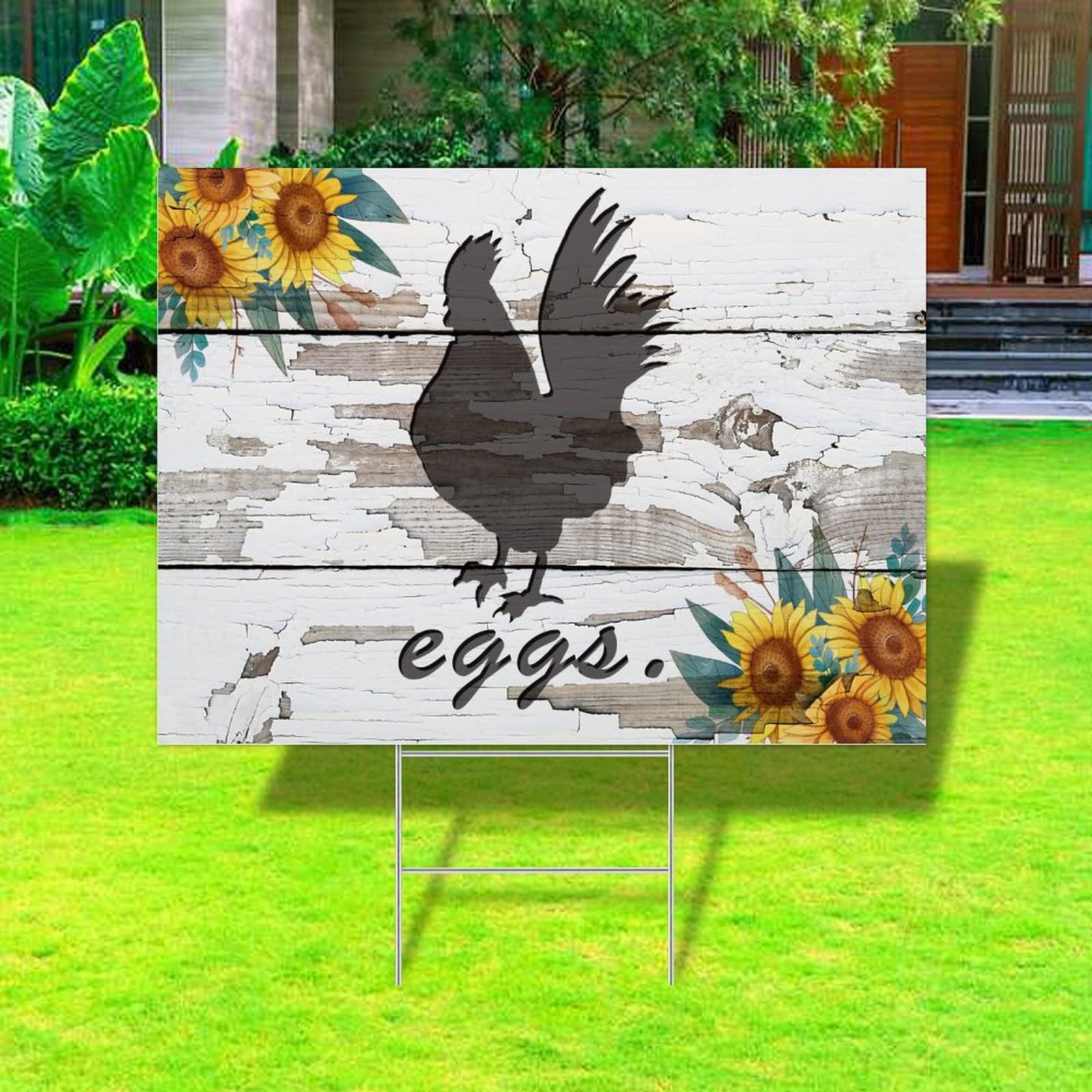 Rustic Wooden Yard Signs - Double Sided Farmhouse Chicken Coop & Egg Sale Signs with Stakes | 18x24 Inch Fade-Resistant Plastic Lawn Decor | Perfect for Country Primitive Farmhouse, Yard Sales & Outdoor/Indoor Use