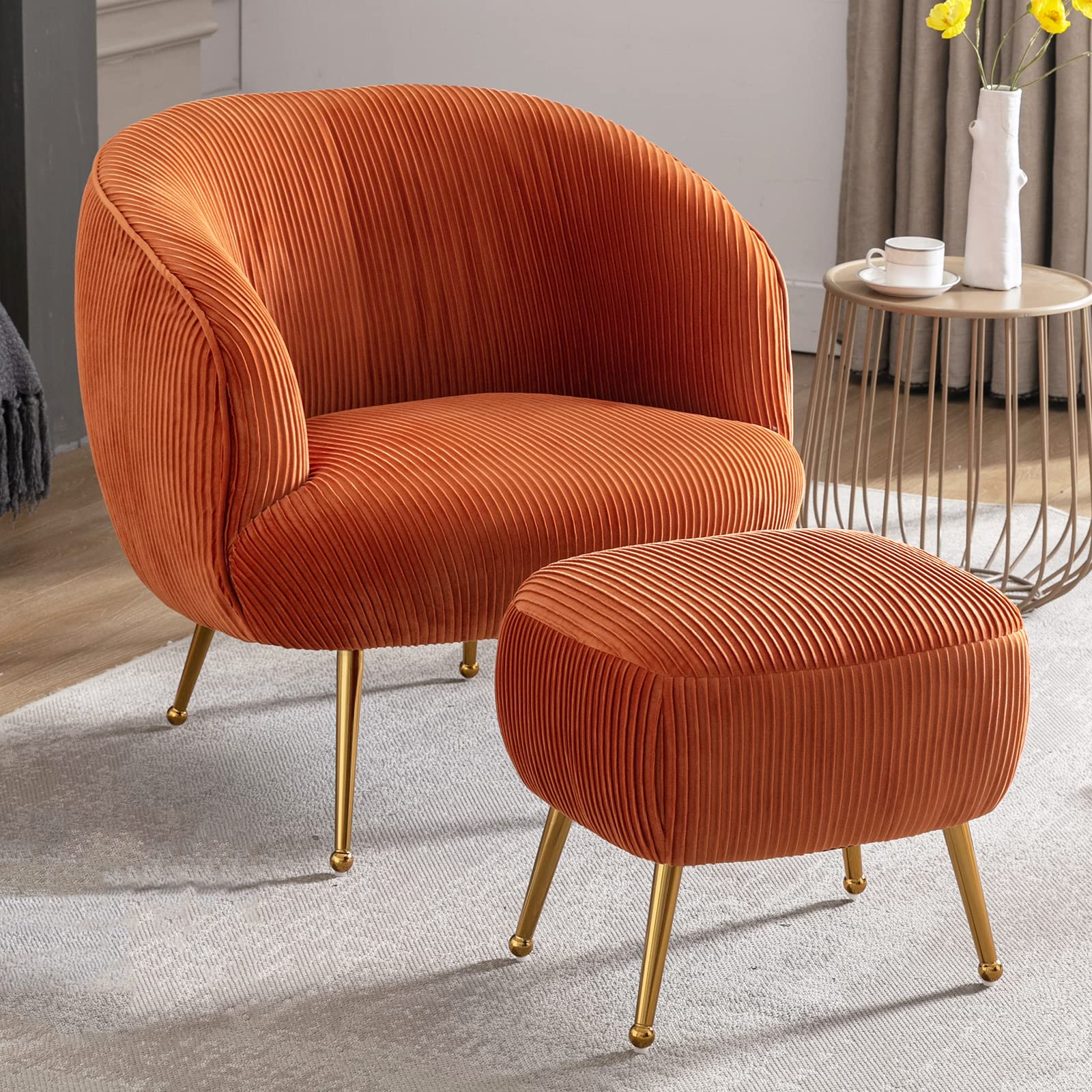 Velvet Barrel Armchair with Ottoman - Modern Accent Chair for Living Room, Bedroom & Office - Orange