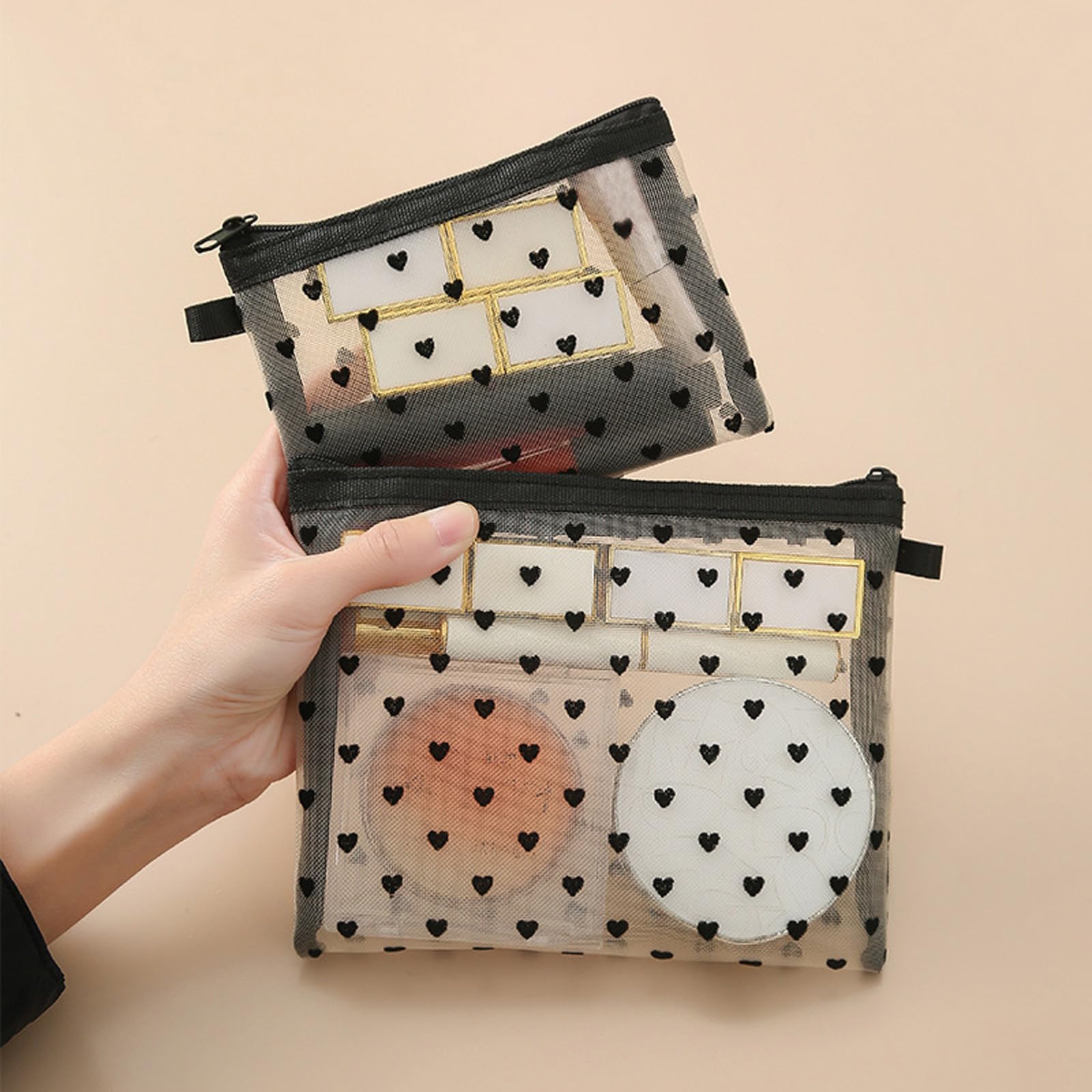 LYDZTION 3-Piece Heart Shaped Mesh Makeup Bags Set with Zipper - Portable Cosmetic Organizer Pouch for Travel, Home & Office - Perfect for Daily Toiletries & Beauty Accessories (Beige, 3 Sizes) | Great for Gym, Vacation & Gift Giving