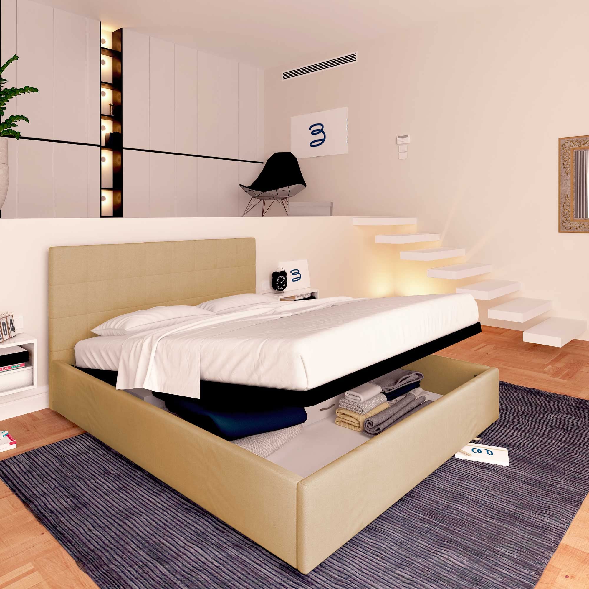 Baldiflex Single Bed with Storage, Dublin Model, Synthetic Leather Upholstery, Slatted Base for Single Mattresses, 120 x 190 cm, Elegant Beige Headboard - Perfect for Small Bedrooms, Guest Rooms & Studio Apartments