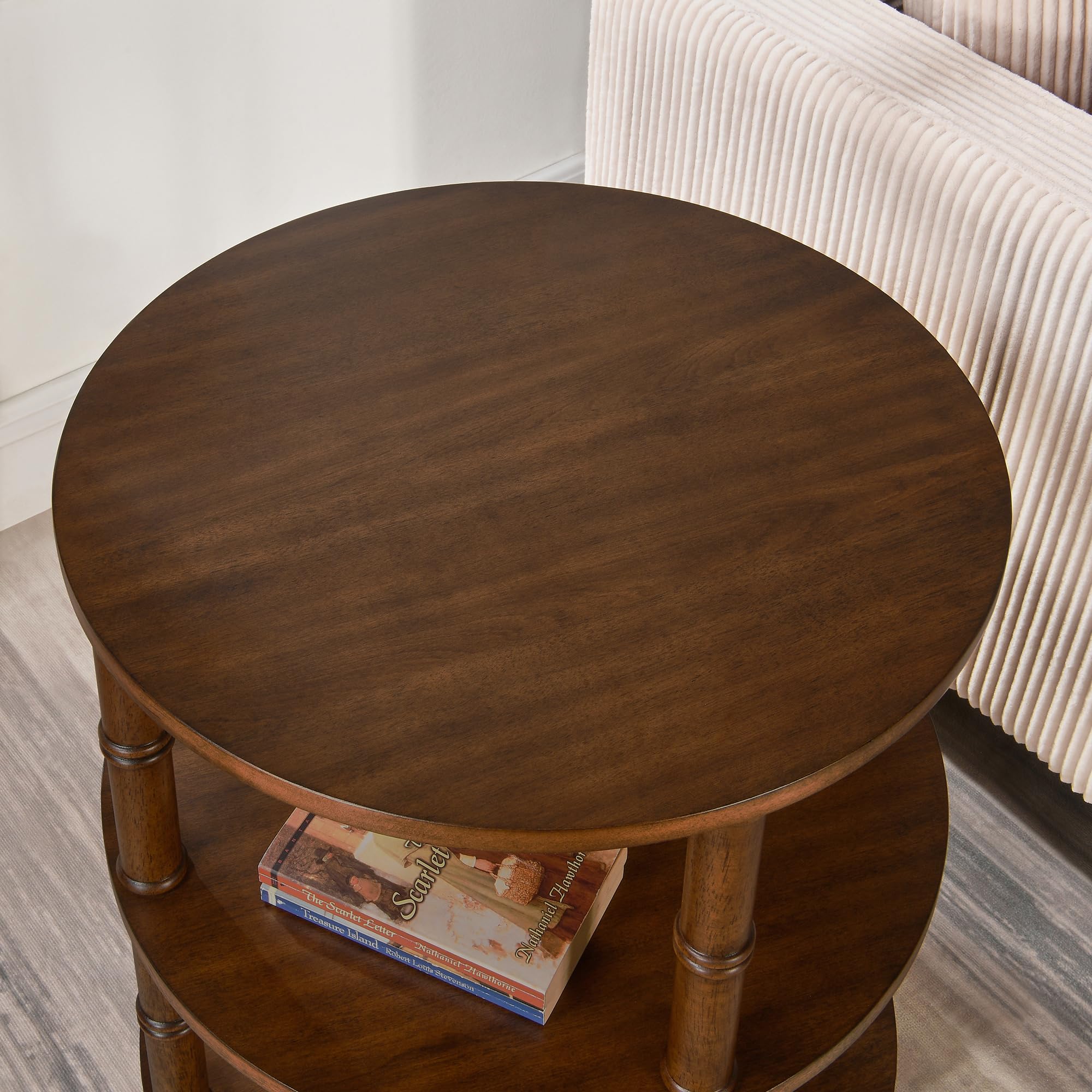 LEEMTORIG 3-Tier Round End Side Table with Storage Shelf - Solid Wood Nightstand, Mid-Century Modern Bedside Table for Bedroom, Living Room, Office - Easy Assembly Walnut Brown - Perfect for Small Spaces, Apartment Decor & Reading Nook Accessories