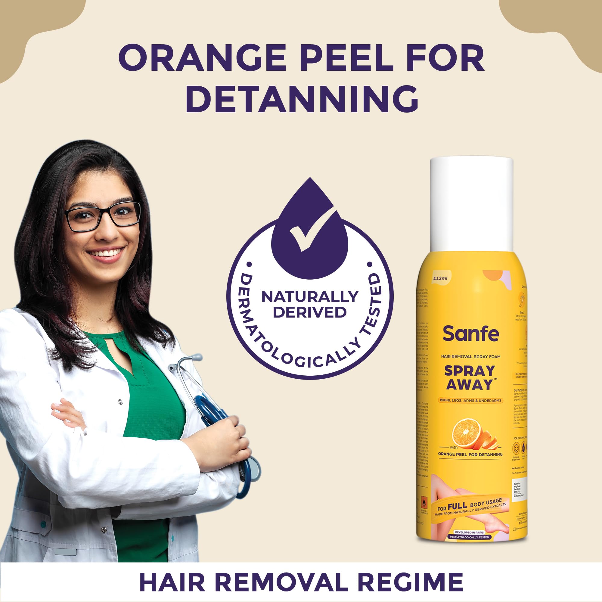 Sanfe Painless & Detan Hair Removal Spray Cream - 112ml | Fast 10-Minute Hair Removal for Chest, Legs, Arms & Underarms | Enriched with Orange Peel, Aloe Vera, Vitamin E & Niacinamide | Dermatologist Tested | Smooth Skin for Summer Dresses & Beach Vacations