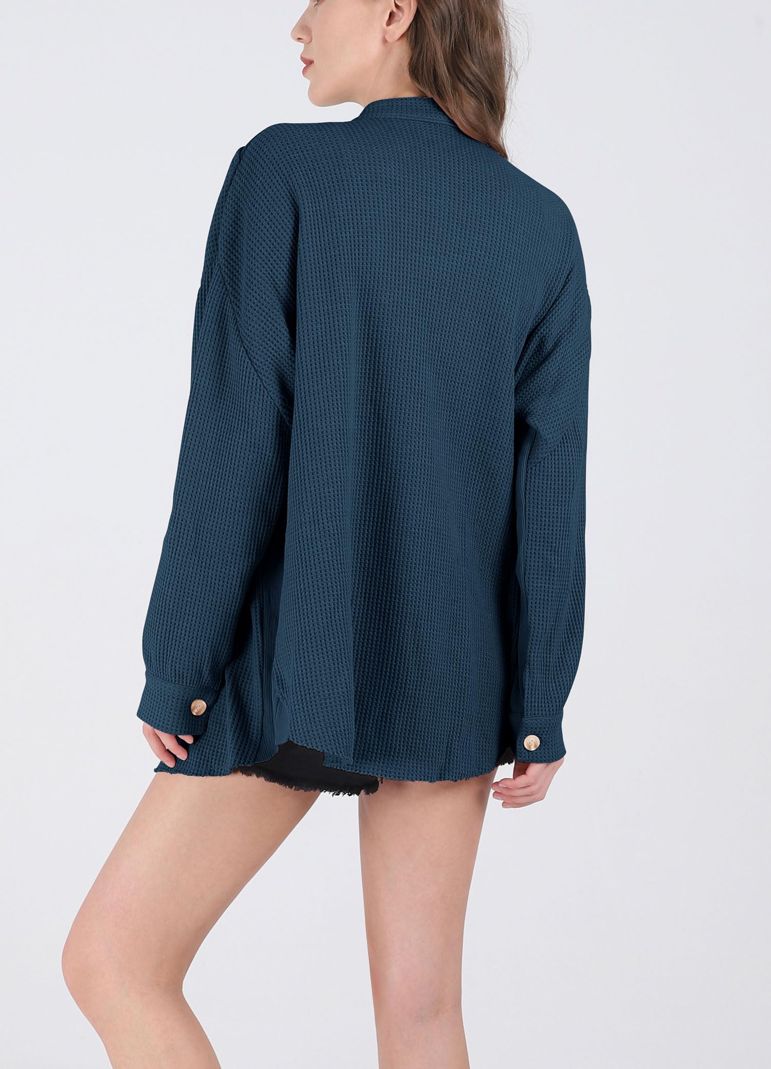 Women's Loose Fit Batwing Sleeve Waffle Knit Button Down Shirt Shacket Top - Casual Long Sleeve Blouse for Fall & Winter Layering, Office Wear & Weekend Outfits