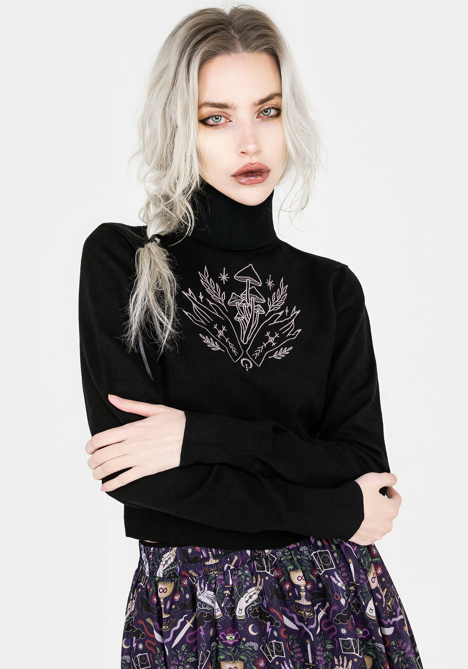 Mystify Embroidered Roll Neck Crop Sweater - Women's Fashion Knit Top for Casual Wear & Date Night Outfits