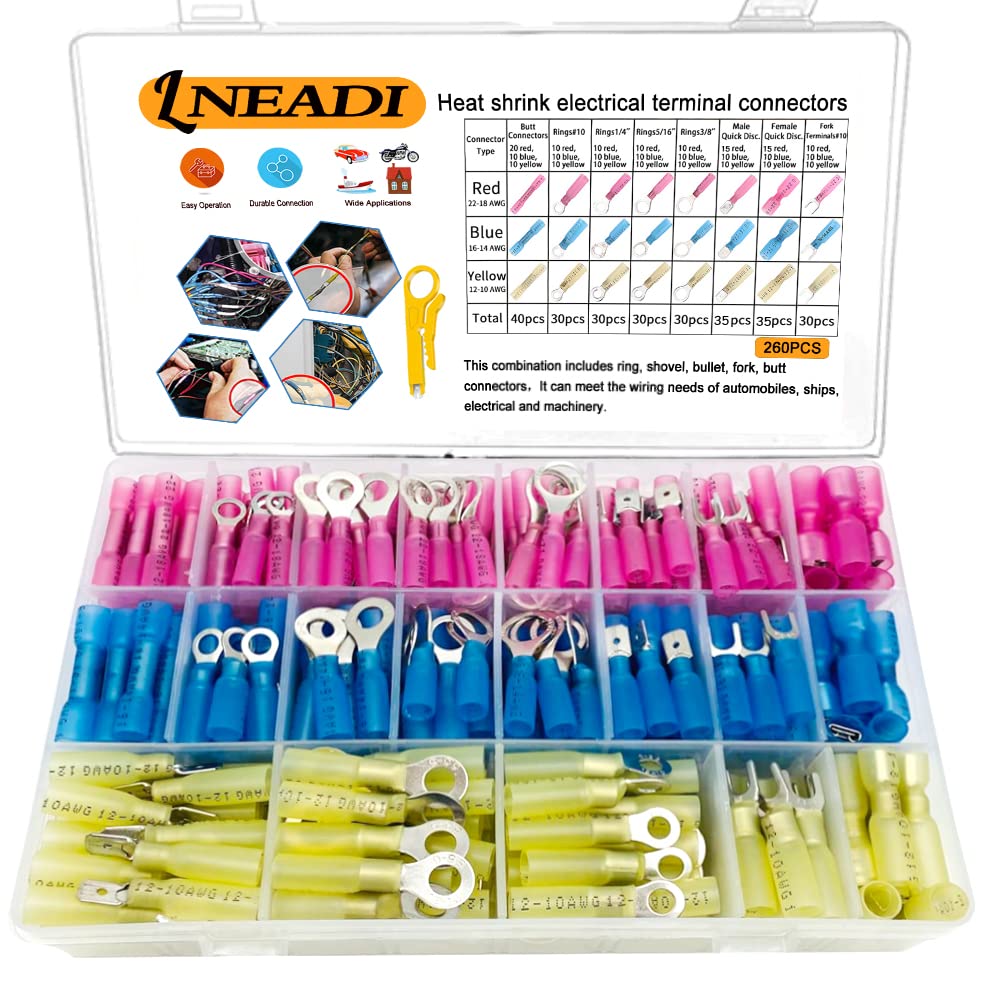 260PCS Heat Shrink Butt Connectors - Marine Grade Waterproof Solder Seal Wire Connectors Kit with Tinned Red Copper - Electrical Crimp & Spade Connectors for Automotive, Marine & Home Wiring Projects