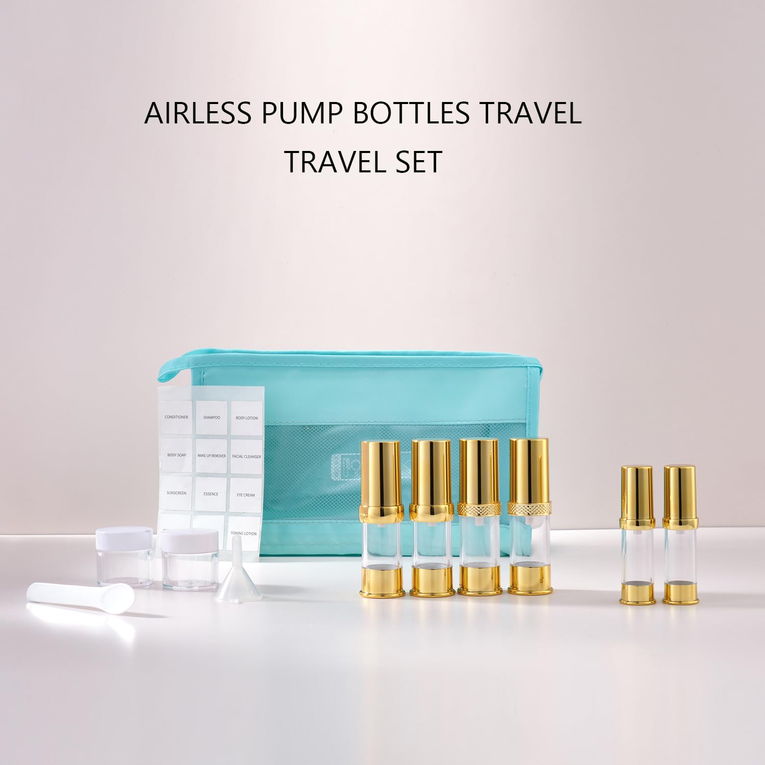 Golden Airless Cosmetic Pump Bottles 8-Piece Set - Refillable Travel Size Bottles with Cosmetic Bag | Leak-Proof for Skincare, Lotion & Serum | Perfect for Travel, Gym & Daily Beauty Routine