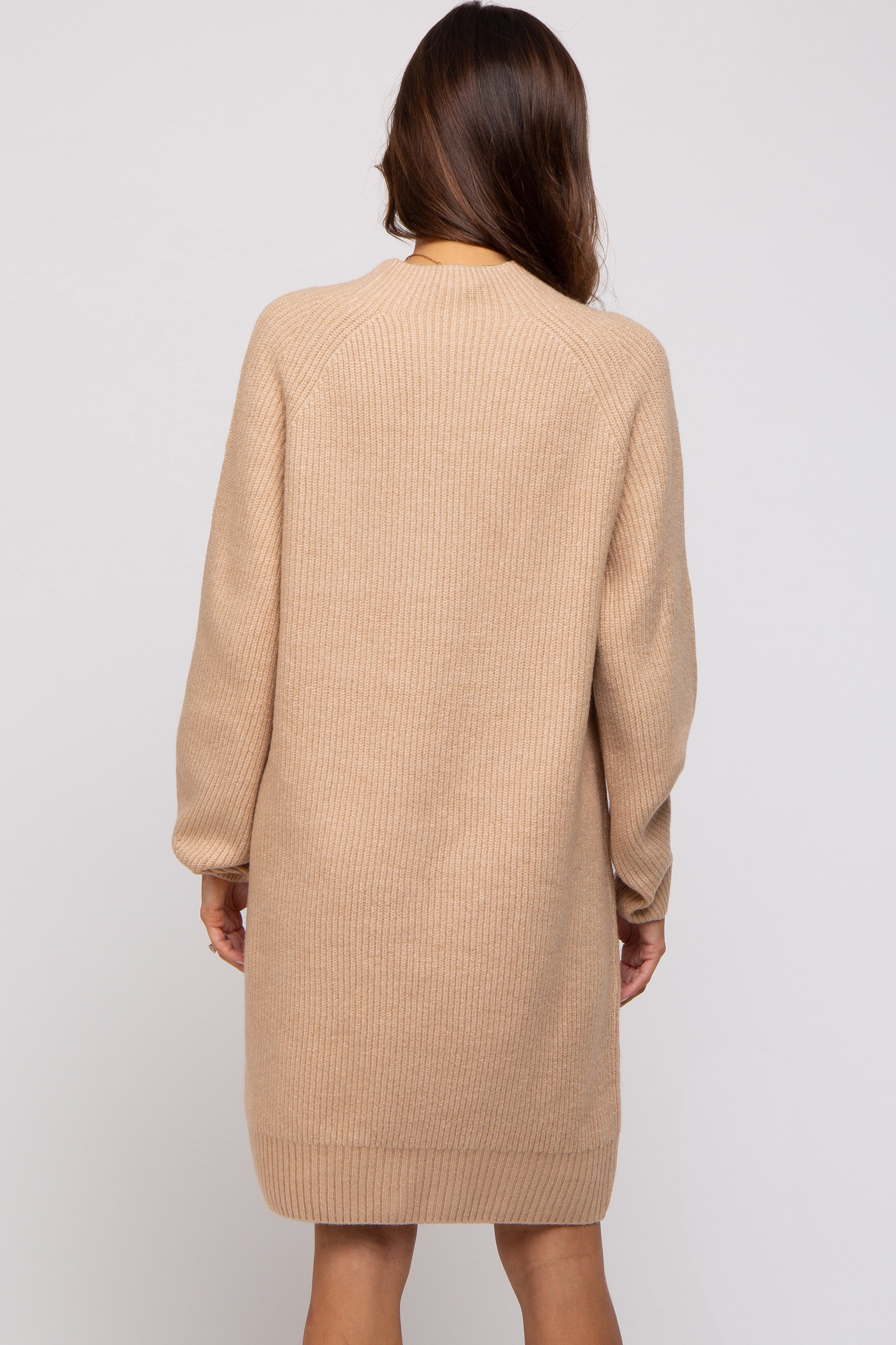 Beige Mock Neck Maternity Sweater Dress for Pregnancy - Soft Comfortable Long Sleeve Nursing Dress for Moms, Perfect for Baby Showers, Maternity Photos & Winter Outfits