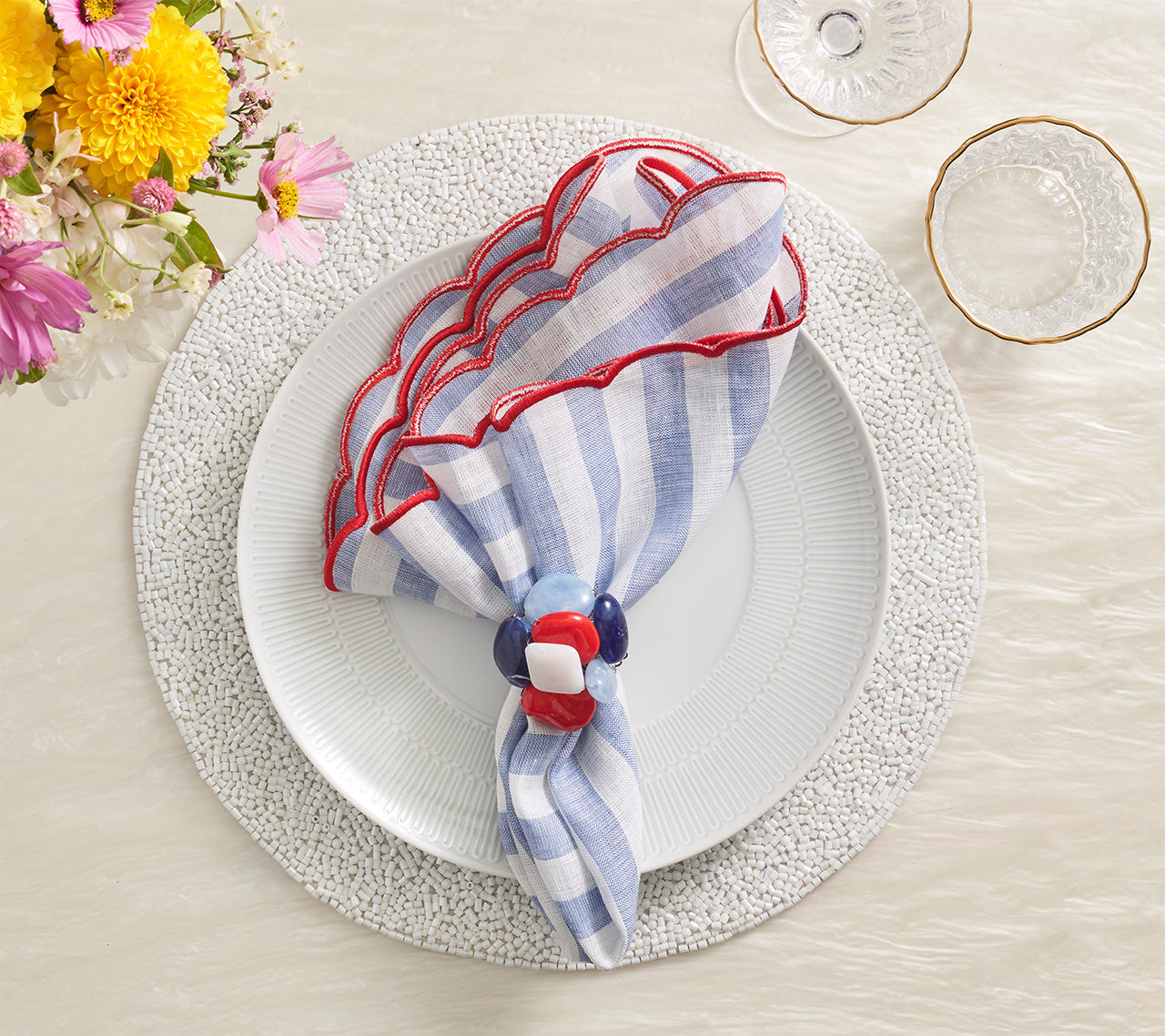 Patriotic Sea Stone Napkin Rings Set of 4 - Red White & Blue Coastal Table Decor for 4th of July, Thanksgiving & Beach-Themed Dinner Parties