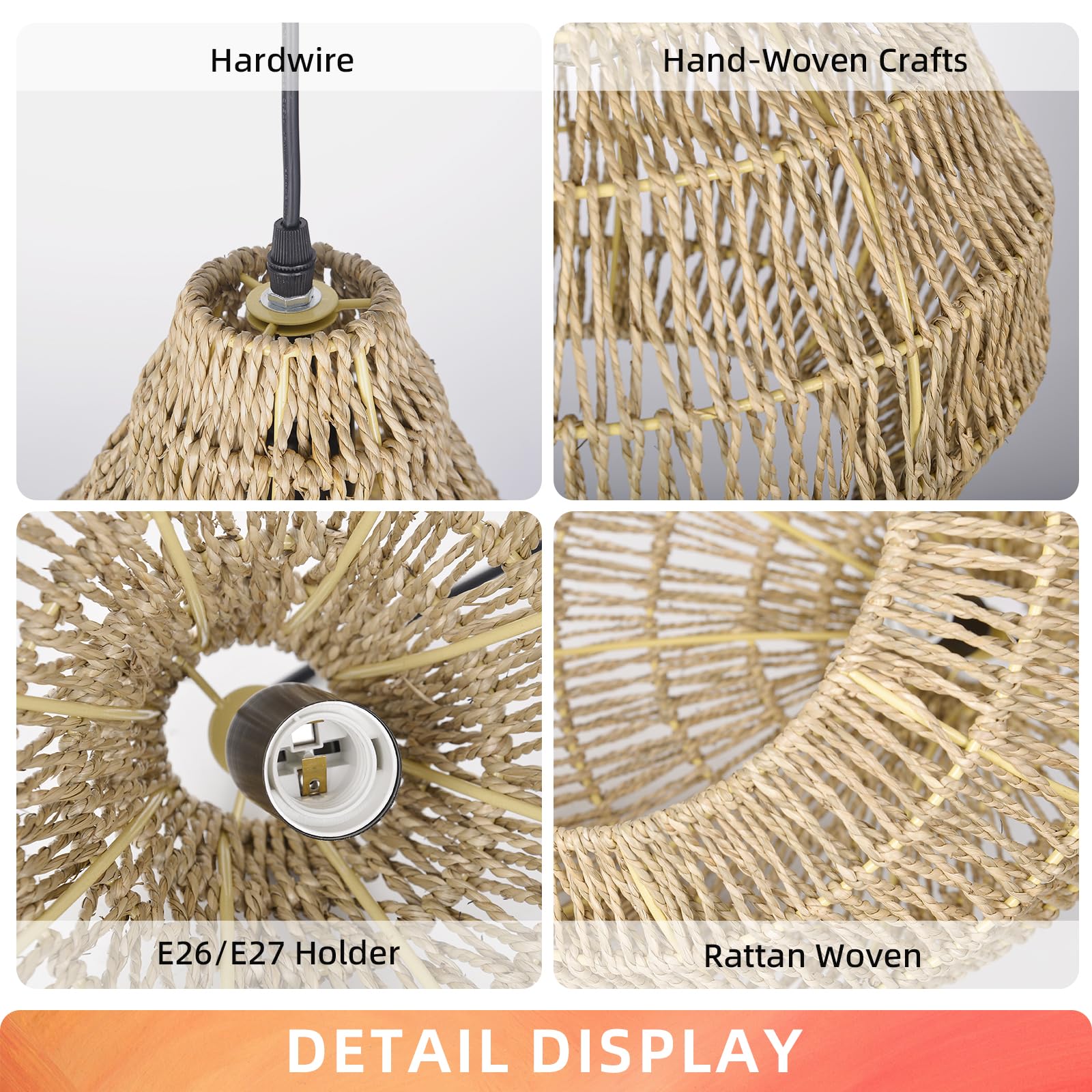 Arturesthome Rattan Pendant Lights - Natural Woven Wicker Chandelier Boho Basket Lighting Fixture for Kitchen Island, Dining Room & Bedroom | Farmhouse & Coastal Decor Hanging Lamp