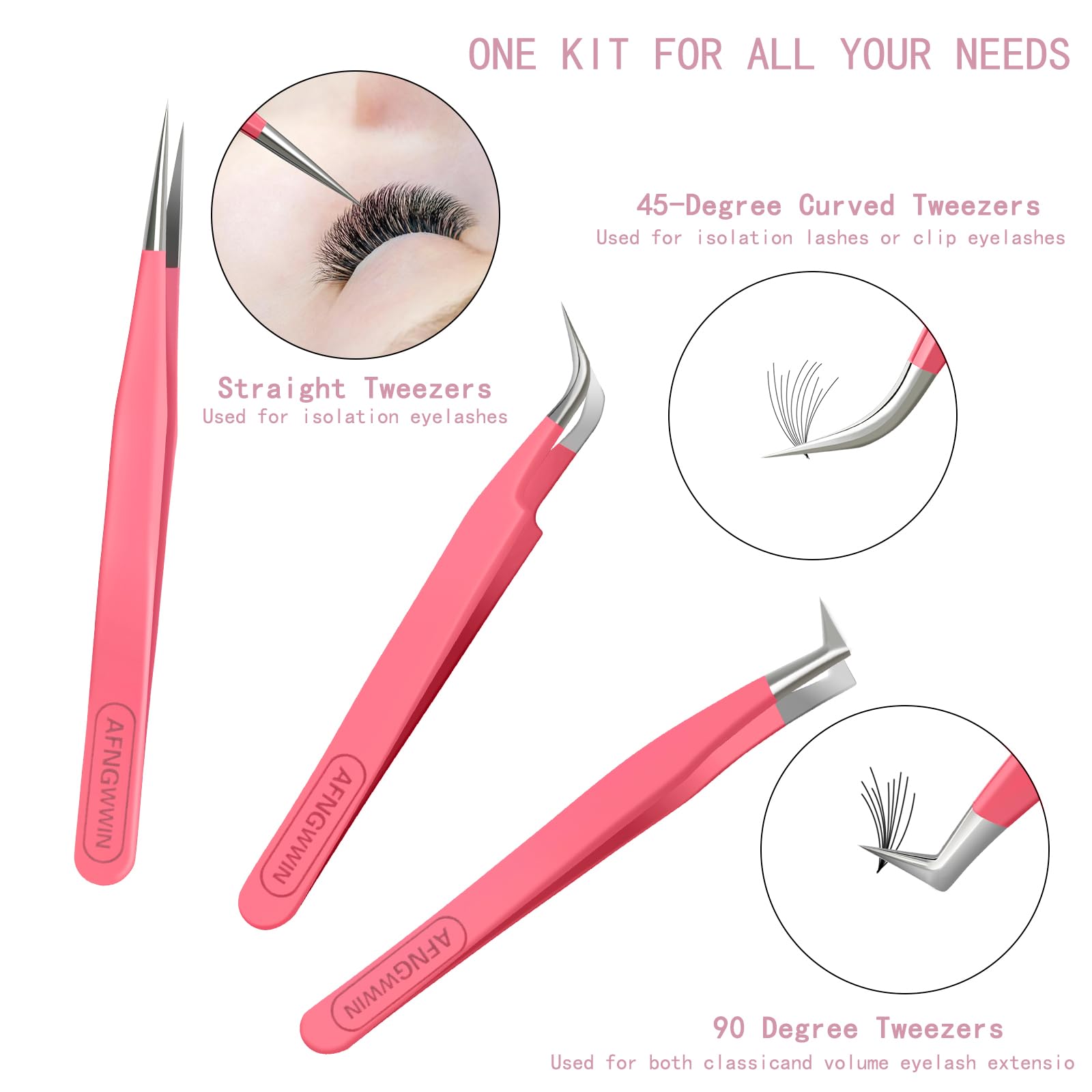 Professional Stainless Steel Eyelash Extension Tweezers - Pack of 3 with Straight & Curved Tips (Deep Pink) | Perfect for Salon, DIY Lash Extensions & Beauty Professionals