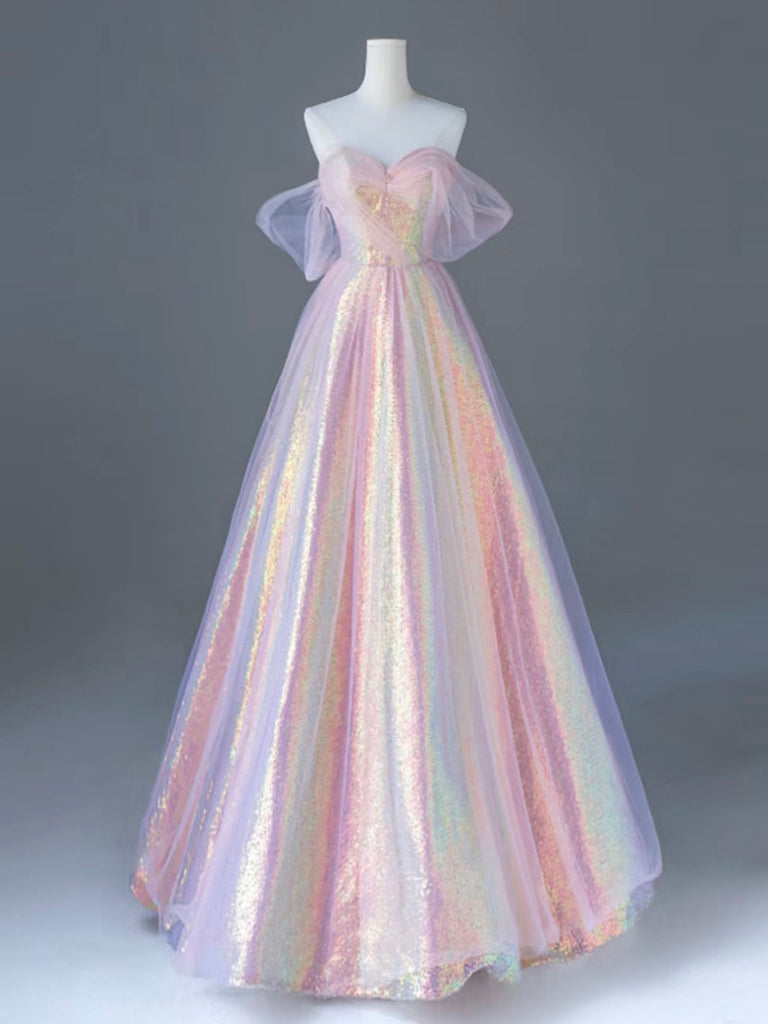 Elegant Pink Sweetheart Neck Tulle Sequin Long Prom Dress for Women - Perfect for Graduation, Homecoming & Formal Events