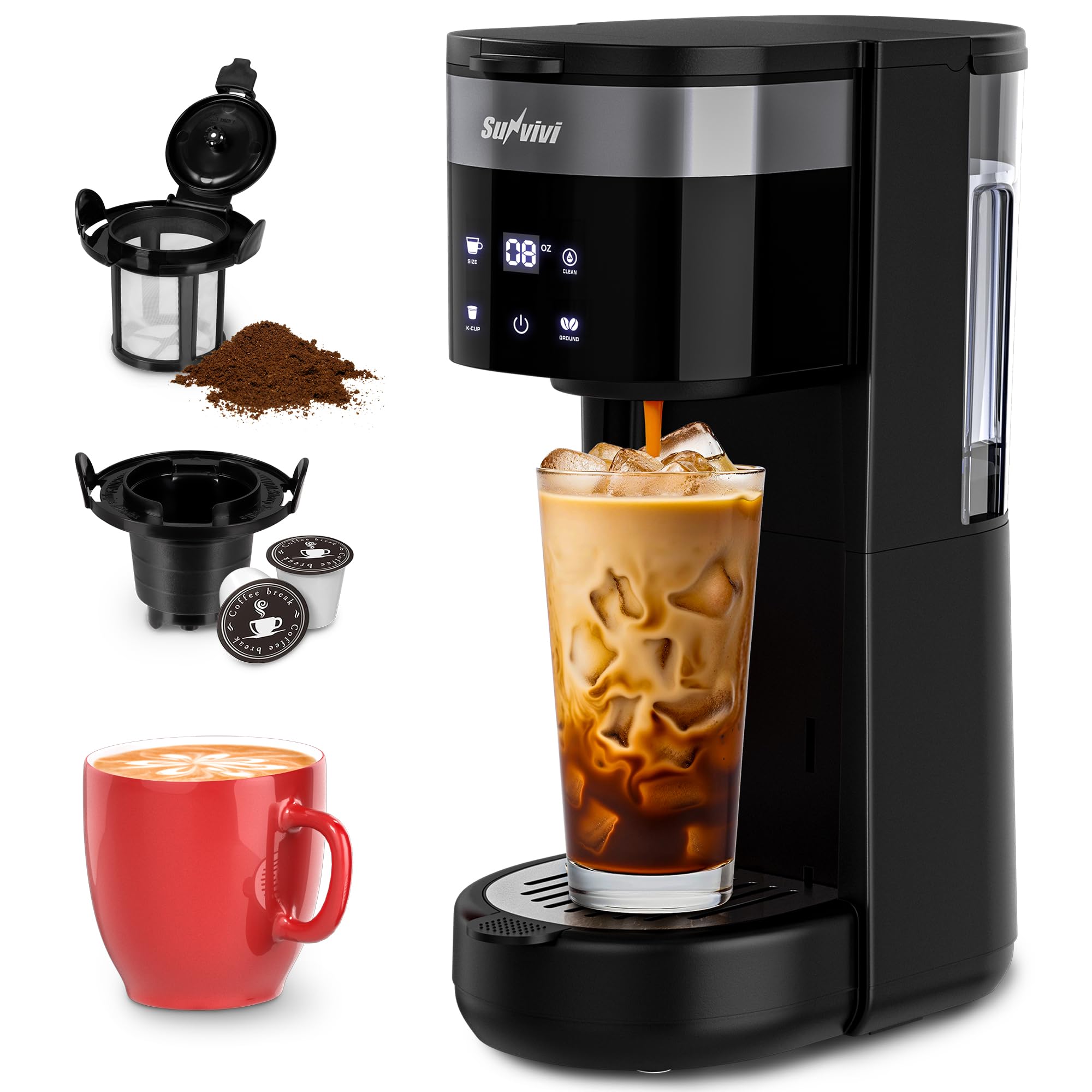 Sunvivi Iced Coffee Maker - Single Serve Coffee Machine with 3 Brewing Modes (K-Cup Pod & Ground Coffee), 30oz Detachable Water Tank & Reusable Filter for Home, Office, Dorm | Perfect for Summer Drinks, Morning Brew & Quick Iced Coffee Fix