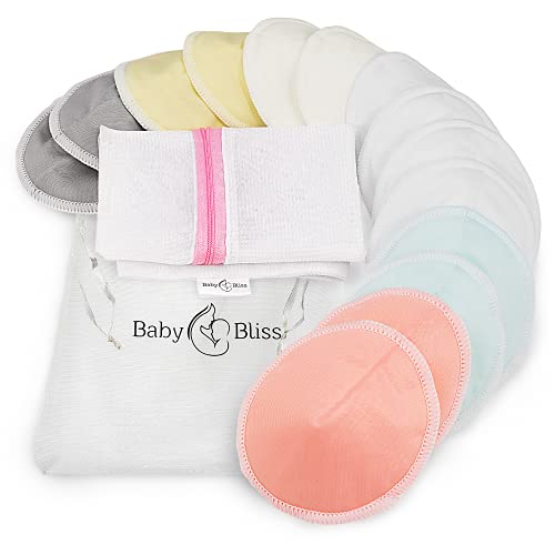 Organic Bamboo Nursing Pads - 14 Washable & Reusable Breastfeeding Pads with Storage Bag - Ultra Absorbent 3-Layer Cotton Pads for Overnight Leak Protection (Medium, 3.9