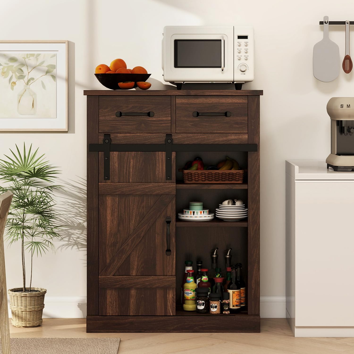 Farmhouse Storage Cabinet - Modern Buffet Sideboard with 2 Drawers & Barn Door, Freestanding Kitchen Pantry & Coffee Bar Cabinet for Dining Room, Living Room, Bathroom, Entryway - Perfect for Rustic Home Decor & Small Space Organization (Brown)