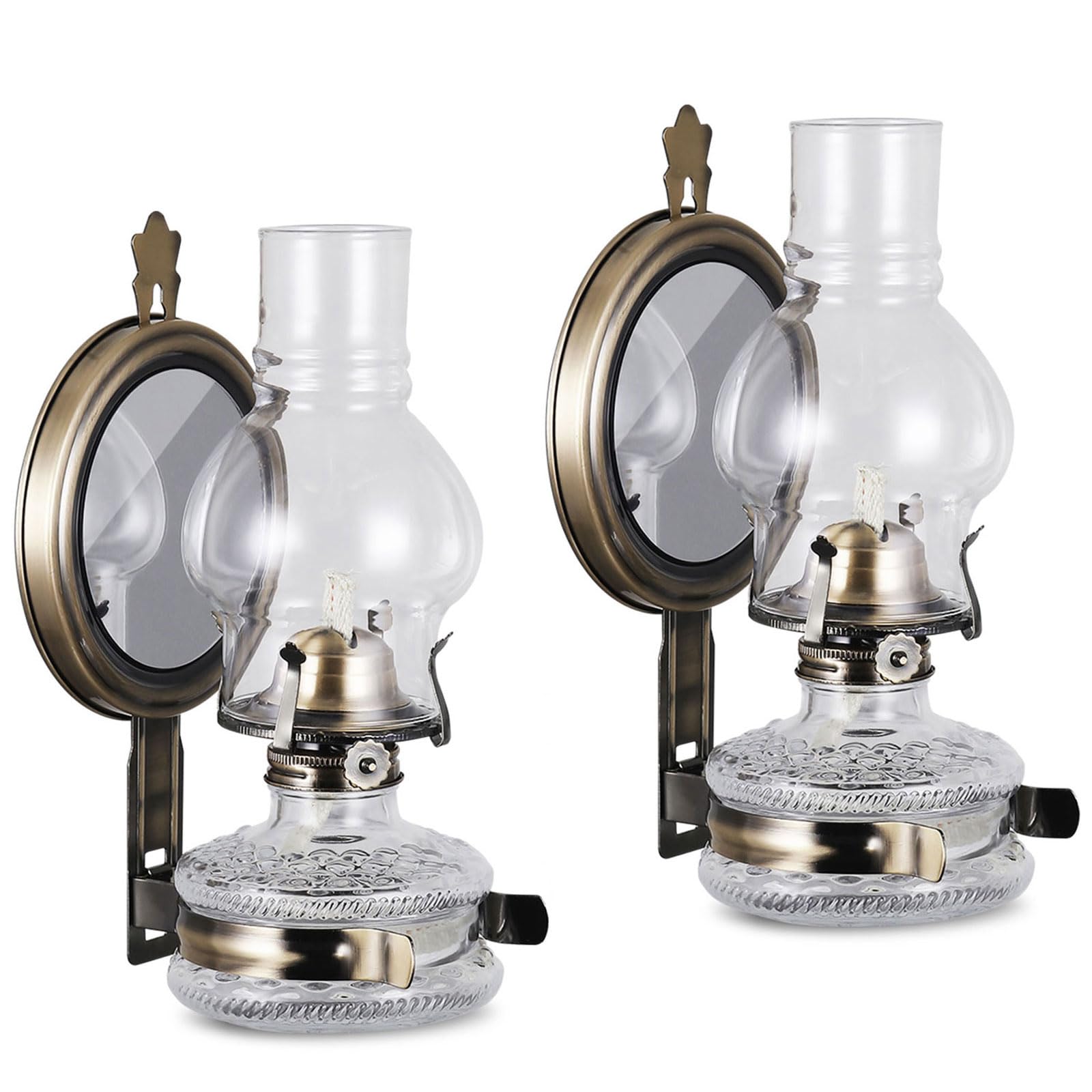 2 Pack Vintage Rustic Large Wall Mounted Oil Lamps - Antique Glass Kerosene Lanterns with Mirror Chamber for Indoor Decor, Emergency Lighting & Hurricane Preparedness - Perfect for Farmhouse, Cabin, or Power Outage Use