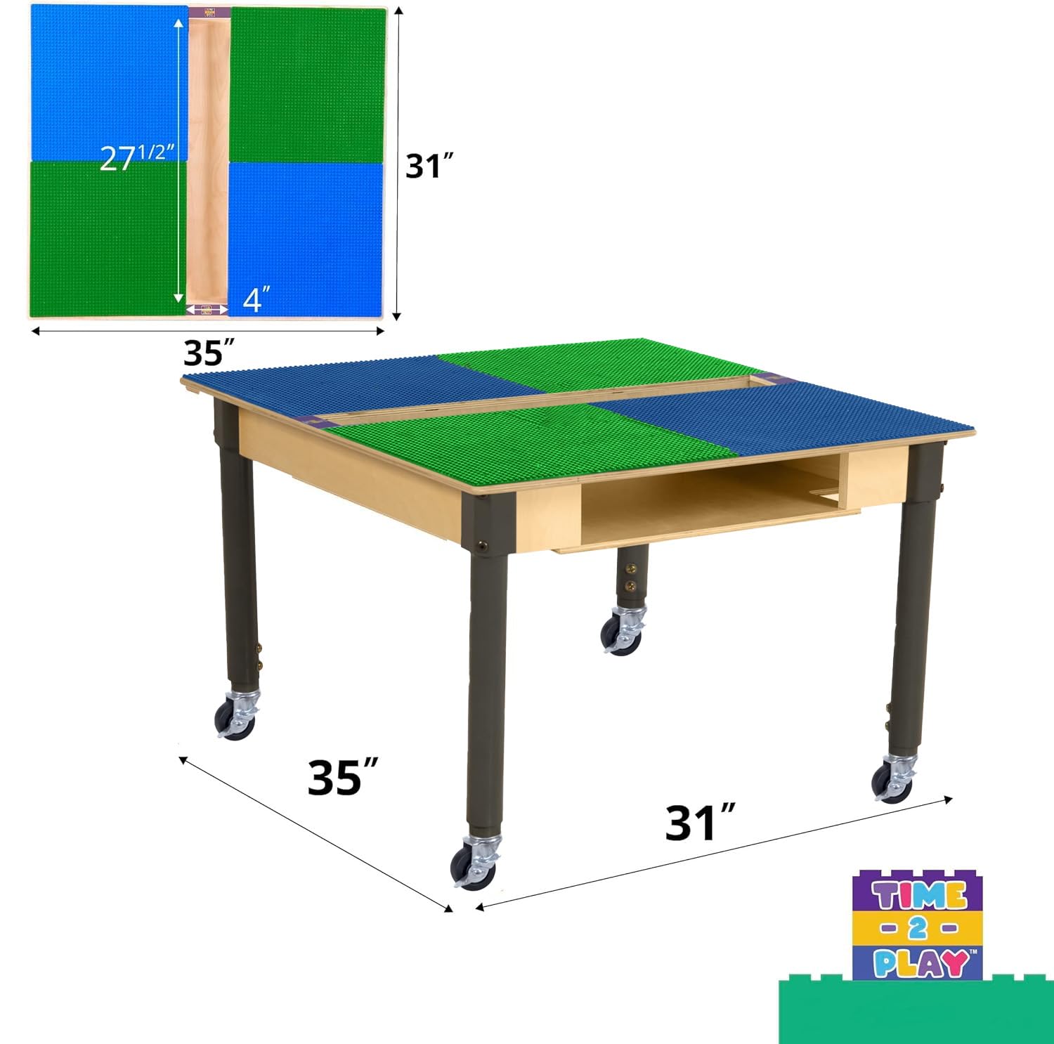 **Time-2-Play Large Montessori Play Table – 35” x 31” Birch Plywood Surface, Red & Blue, Lego-Compatible Building Blocks Table with Trough & Adjustable Legs (18”-29”) – Perfect for Kids' Playroom, Daycare, or Homeschool Learning**