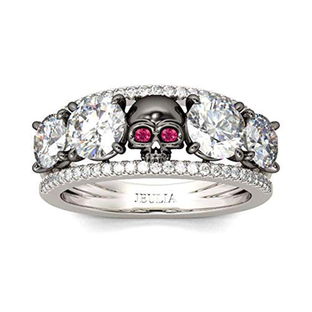 Jeulia Women's 3 Carat Two-Tone Skull Wedding Ring in 925 Sterling Silver with Round Cut Ruby Stones - Eternity Engagement Band, Anniversary Promise Ring for Her, Romantic Jewelry Gift for Bride (Perfect for Gothic Weddings, Alternative Fashion & Unique Proposal Gifts)