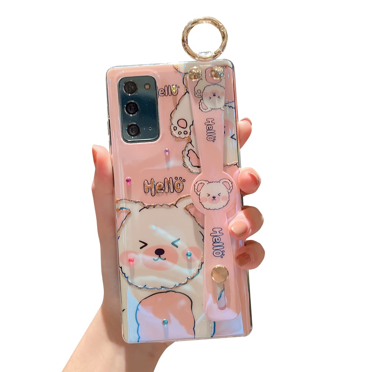 Cute Pink Bear Glitter Bling Cartoon IMD Soft TPU Shockproof Protective Case for Samsung Galaxy Note 20 5G (6.7 inch) with Wrist Strap & Kickstand - Trendy Phone Cover for Girls & Women - Perfect for Daily Use, Work, and School