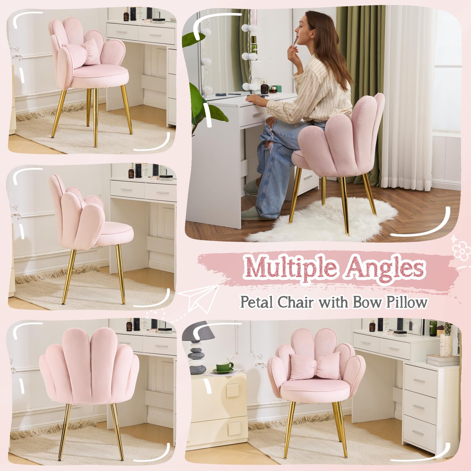 VINGLI Pink Velvet Petal Makeup Vanity Chair with Back - Cute Flower Design, No Wheels, Adjustable Gold Legs & Bow Pillow - Modern Accent Chair for Girls Bedroom, Home Office, Dressing Room & Dining Area