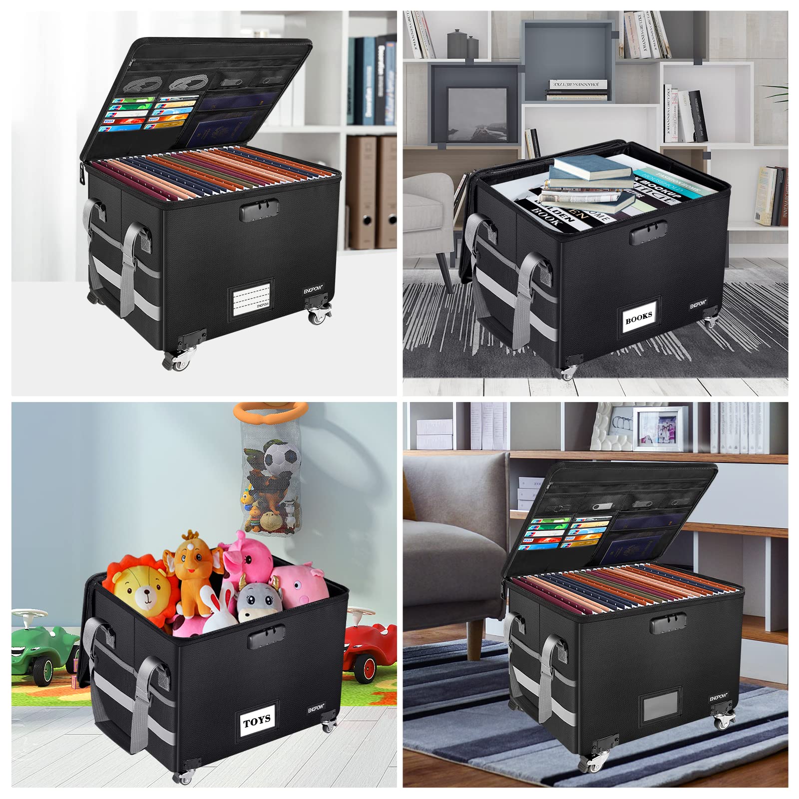 Fireproof Document Box with Wheels - Collapsible Locking File Storage Organizer with Pockets | Portable Home & Office Safe for Letter/Legal Folders | Fireproof Filing Cabinet for Important Documents, Records & Files