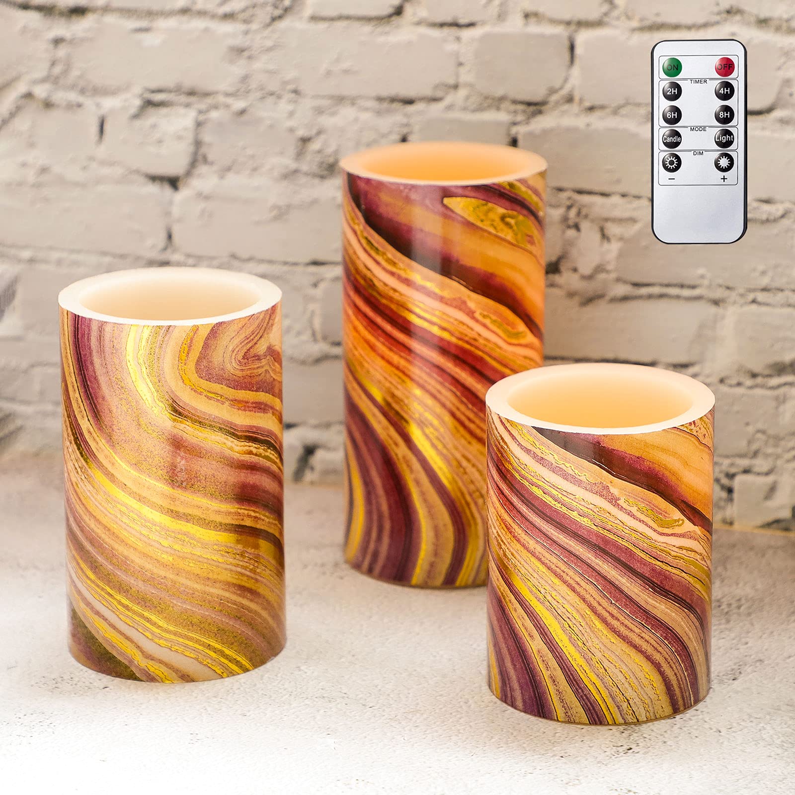 Flameless LED Pillar Candles with Remote & Timer - Realistic Flickering Battery Operated Candles Set for Home Decor, Wedding, Party Centerpiece - Purple Marble Design (Perfect for Romantic Dinners, Holiday Decorations & Cozy Ambiance)