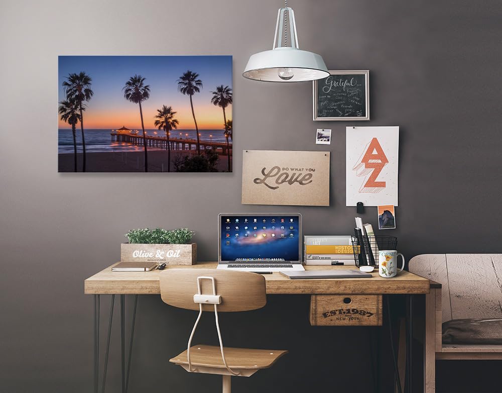 Lantern Press Manhattan Beach Pier Sunset Photography - Los Angeles California Wall Art (24x36 Wrapped Canvas) - Perfect for Living Room, Bedroom & Office Decor