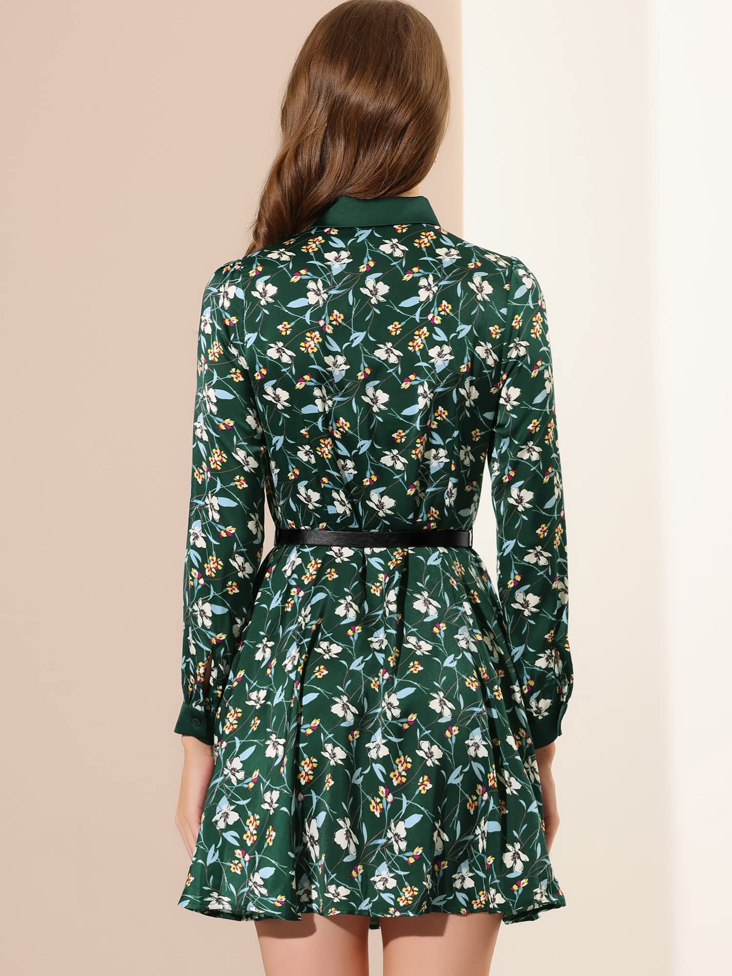 Allegra K Women's Floral Satin Long Sleeve Belted Button Down Dress for Spring & Fall | Elegant Office Wear & Special Occasion Outfit
