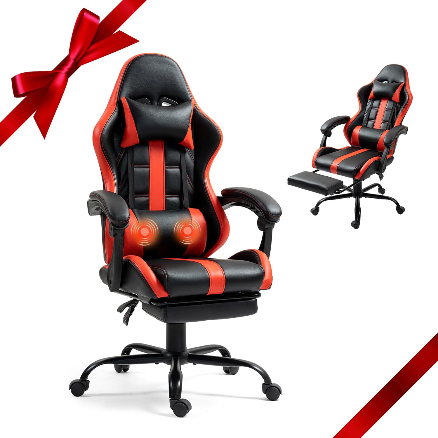 ECOTOUGE Ergonomic Massage Gaming Chair with Footrest - Adjustable High Back Office Desk Chair with Headrest & Lumbar Support, 360° Swivel - Perfect for PC Gaming, Home Office & Relaxation (Red)