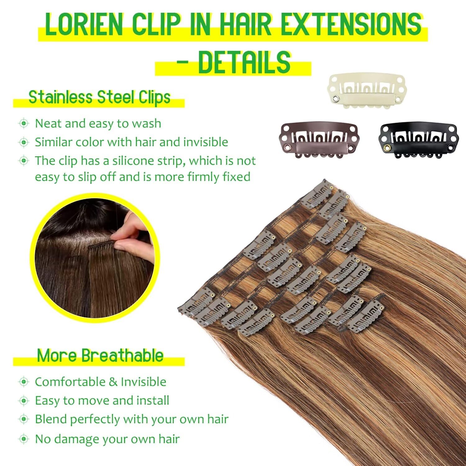 LORIEN 22 Inch Clip-in Human Hair Extensions - 100% Brazilian Remy Hair, 110g, 8pcs Set with 18 Clips (4/27 Chocolate Brown to Caramel Blonde) | Double Weft for Volume & Length | Perfect for Parties, Weddings & Everyday Styling