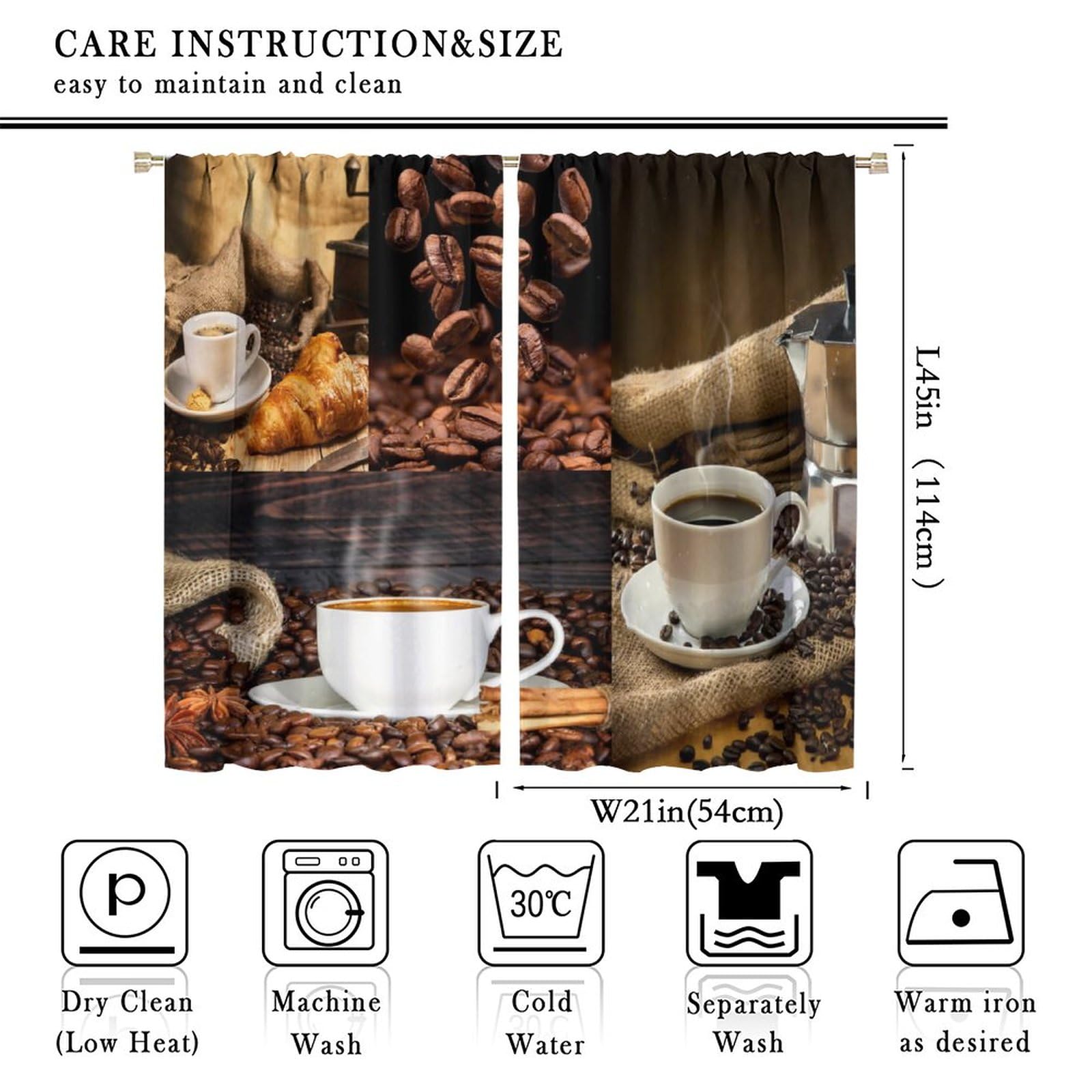 Coffee Kitchen Curtains 42x45in, Coffee Beans Design on Wooden Grunge Background, 2 Panel Window Drapes for Kitchen and Cafe Decor, Perfect for Home and Commercial Use