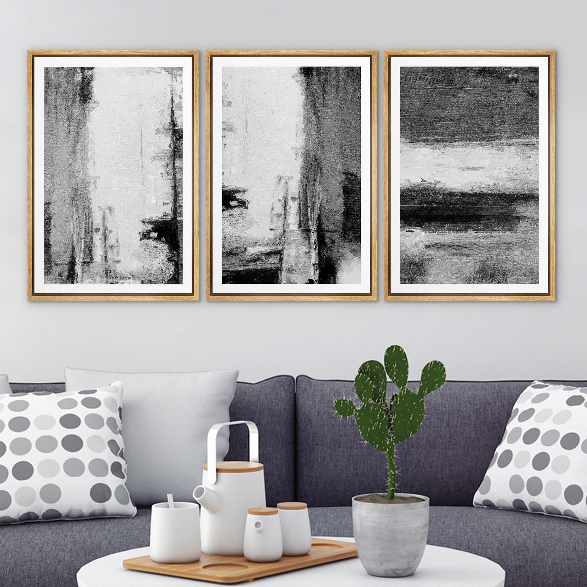 Ashbrook Framed Wall Art Print Set - Black & White Grunge Abstract Paintings with Modern Geometric Shapes | 16