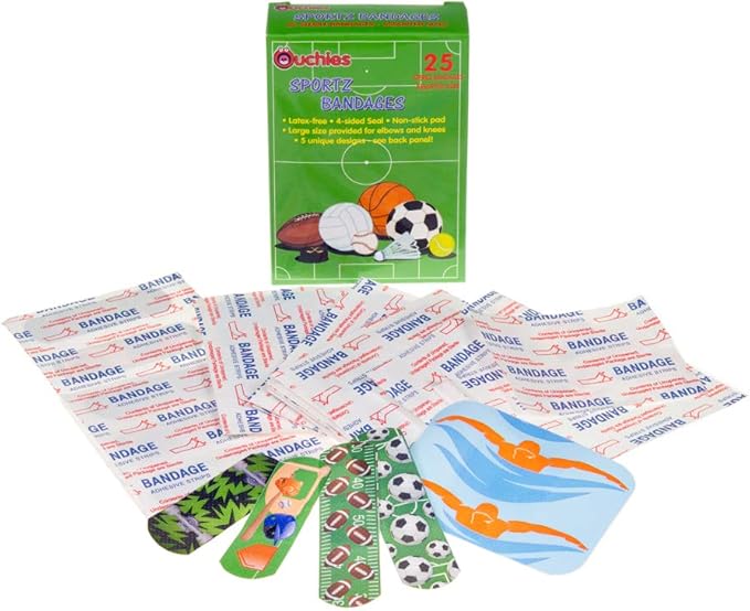 Cosrich Ouchies Sportz Adhesive Bandages for Kids - 25 Count Waterproof Wound Care Strips - Fun Designs for Active Children - Perfect for Sports, Playtime & Everyday First Aid