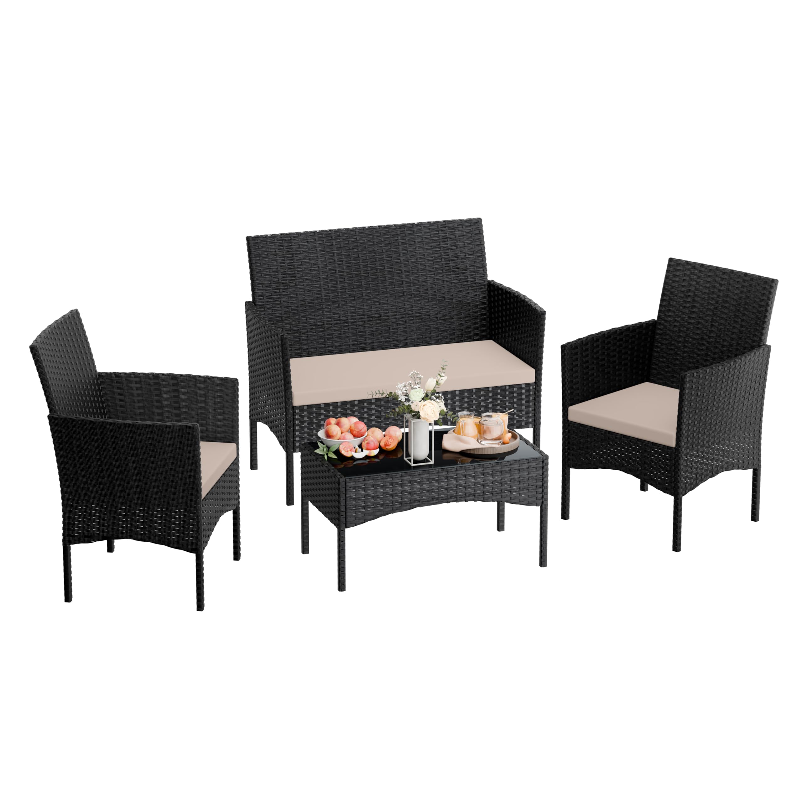 4-Piece Outdoor Patio Furniture Set - Rattan Wicker Conversation Set with Glass Table - Perfect for Porch, Pool, Backyard, Lawn, Garden & Beach Relaxation