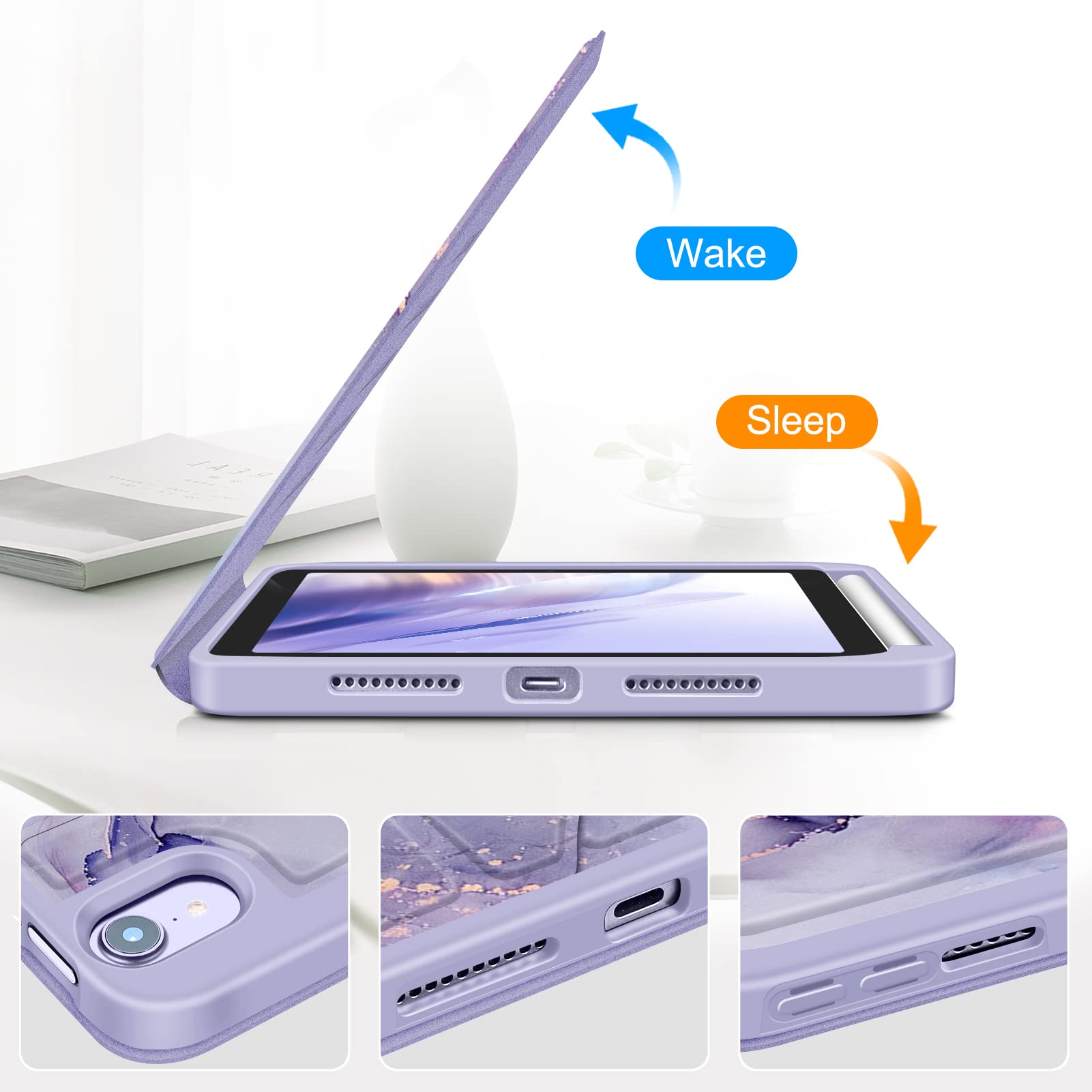 Fintie Magnetic Shockproof Stand Case for iPad Mini 7 (2024, A17 Pro) & iPad Mini 6 (8.3 Inch) - Multi-Angle Rugged Protective Cover with Soft TPU Back, Lilac Marble Design | Perfect for Work, Travel & Home Use