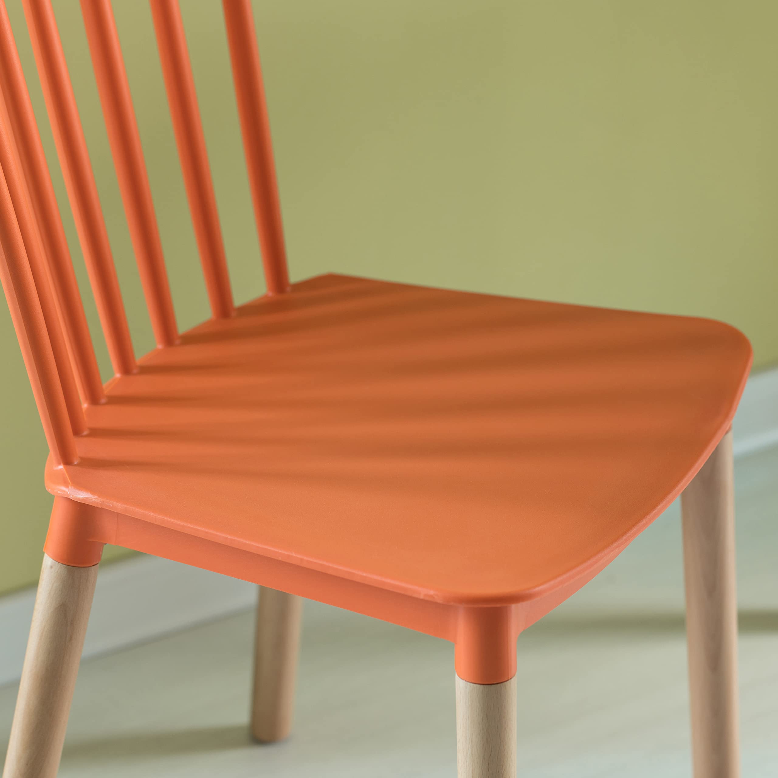 Fabulaxe Modern Plastic Dining Chairs with Beech Wood Legs - Set of 4 Orange Windsor Style Chairs for Kitchen, Dining Room, or Outdoor Patio