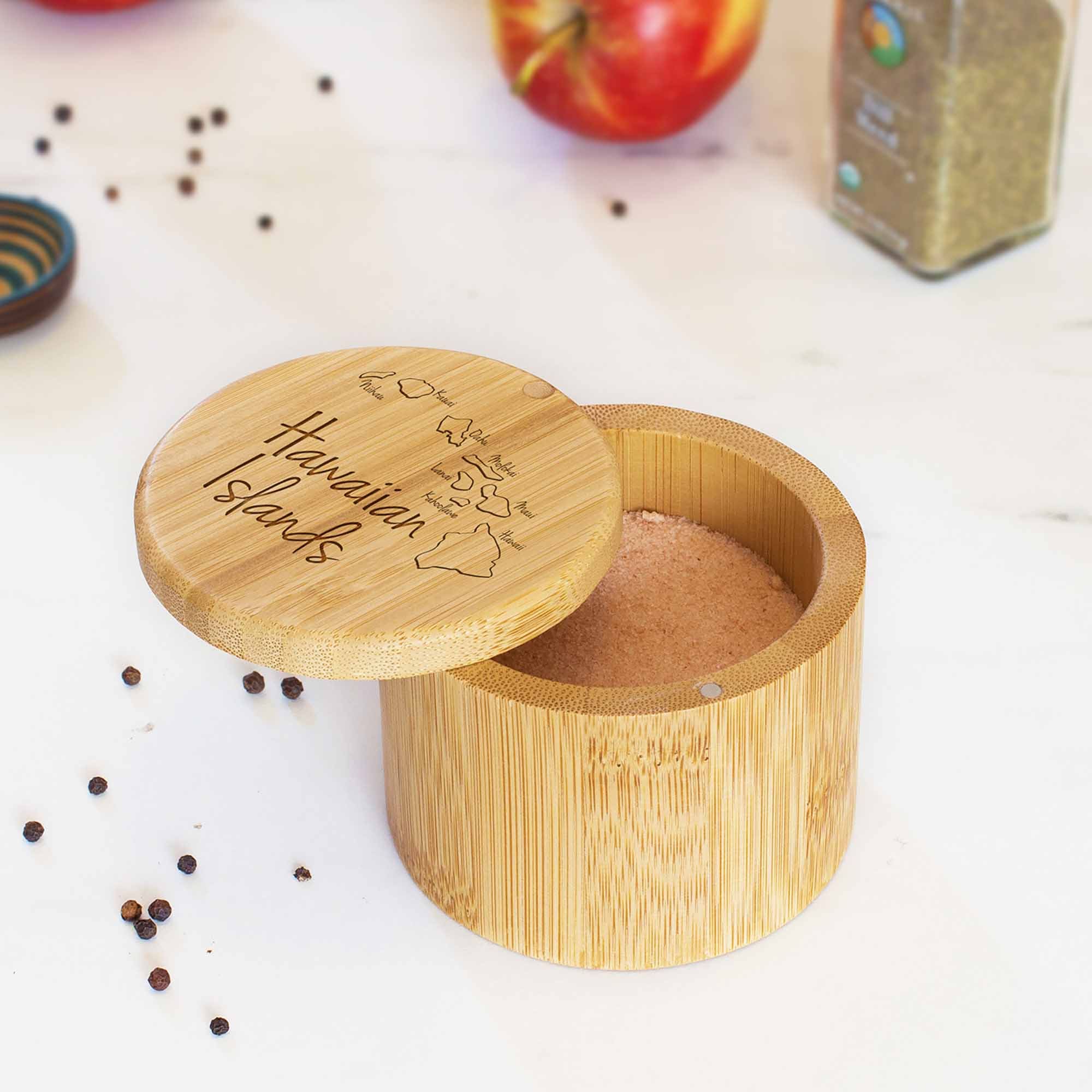 Hawaiian Islands Engraved Salt Cellar - 6 Oz. Ceramic Salt Dish with Lid - Perfect for Kitchen, Dining Table & Gift Giving