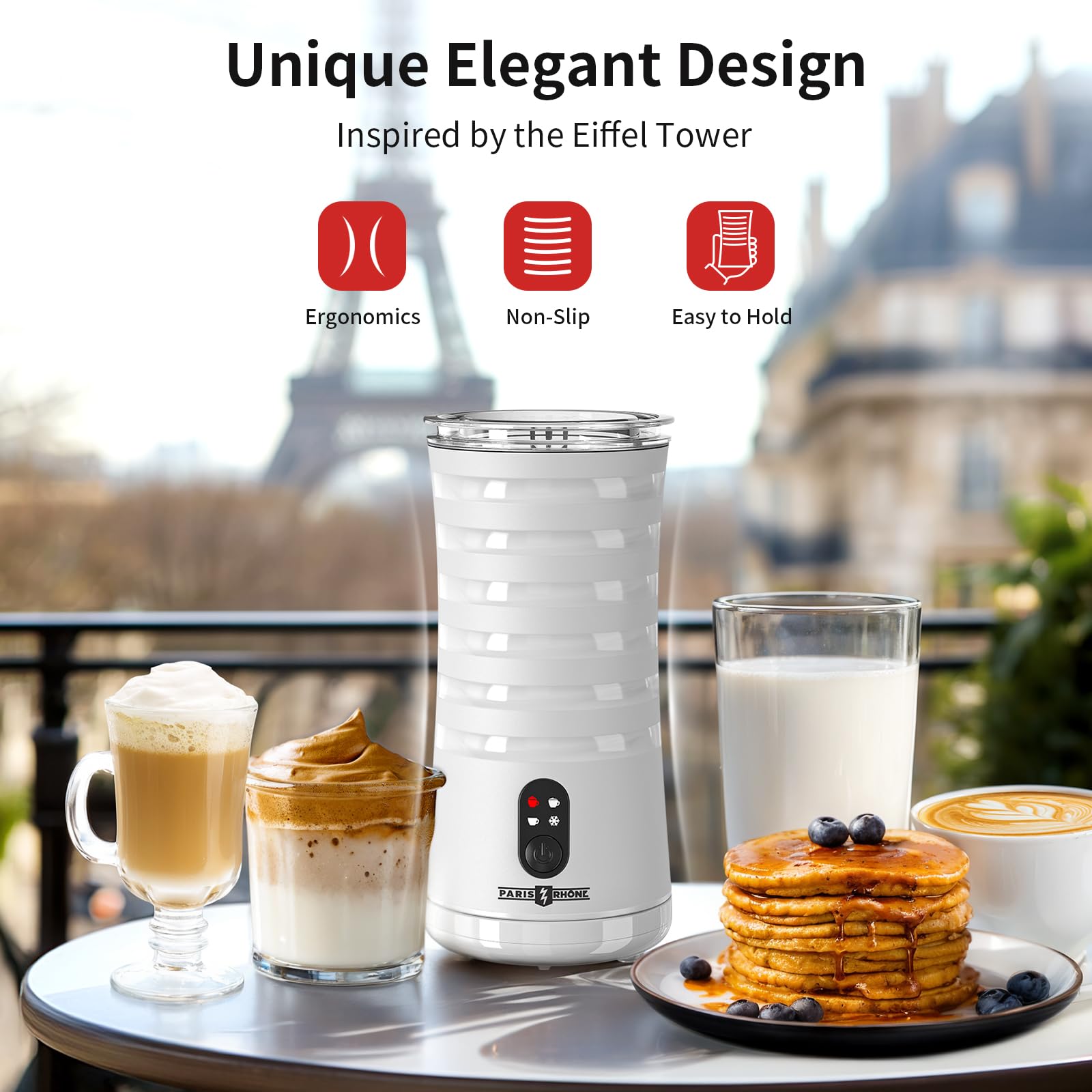 Paris Rhône 4-in-1 Electric Milk Frother & Steamer - Hot & Cold Foam Maker with Temperature Control & Auto Shut-Off - Perfect for Coffee, Latte, Cappuccino, Macchiato - Ideal for Home Baristas & Coffee Lovers
