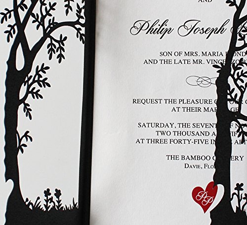 Elegant Black Wedding Invitation Cards with Tree & Red Heart Design - Set of 30 - Perfect for Formal Weddings, Anniversaries & Special Events