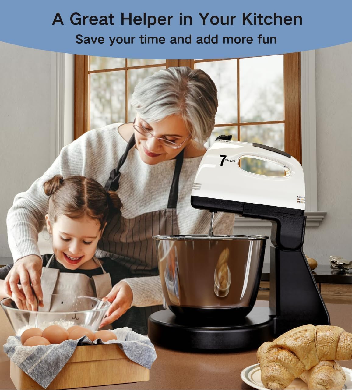 7-Speed Stand Mixer with 3QT Stainless Steel Bowl - Includes Dough Hook, Whisk & Mixing Beater - Perfect for Baking Cakes, Cookies & Kneading Dough - Home Kitchen Essential for Bakers & Cooking Enthusiasts
