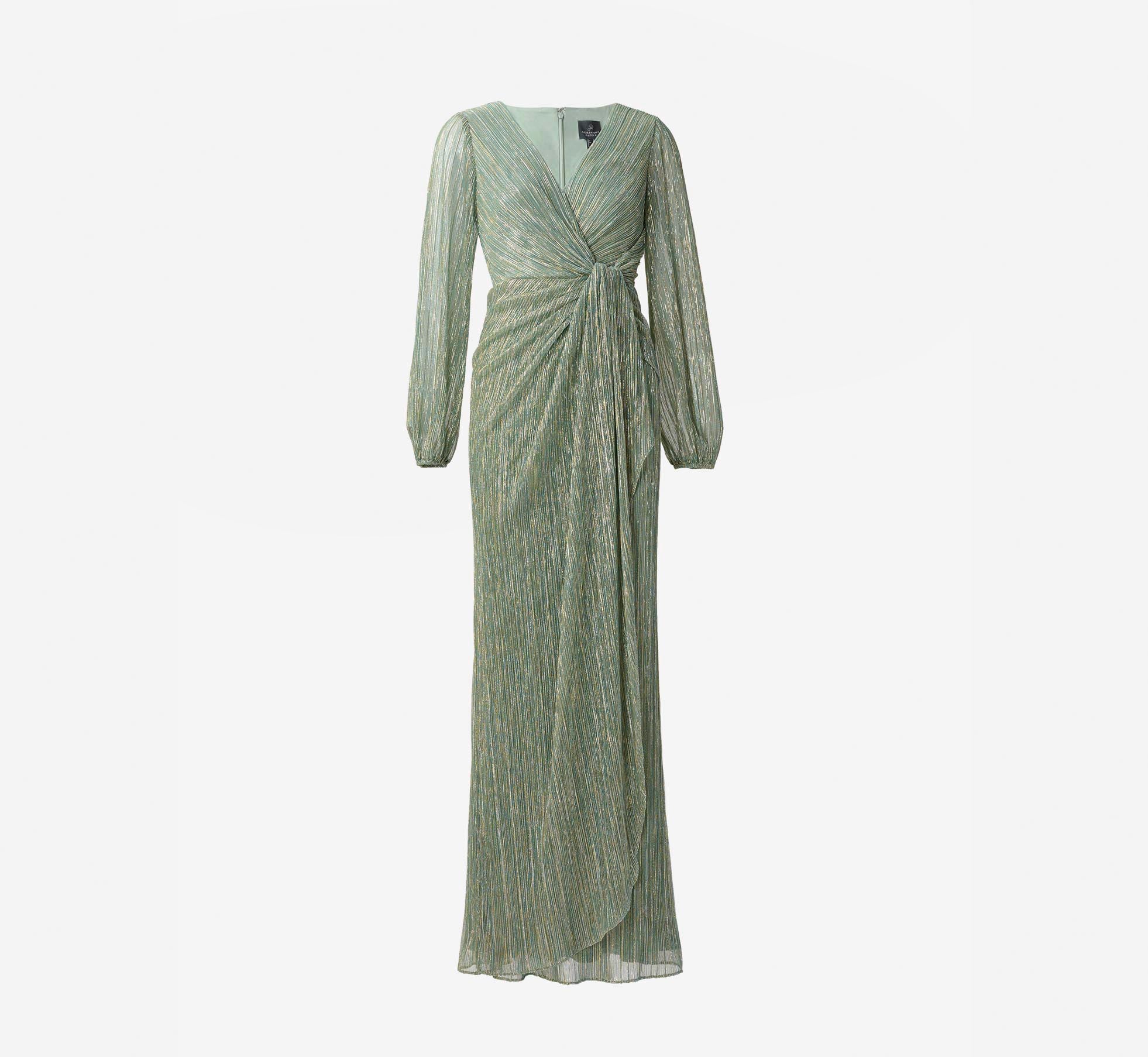 Elegant Metallic Crinkled Mesh Draped Long Gown - Slate Green Evening Dress for Prom, Gala & Formal Events