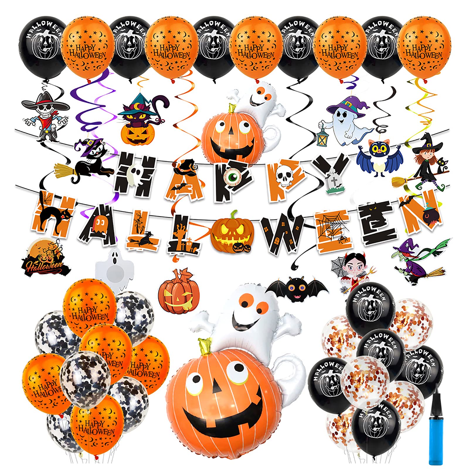Black and Orange Halloween Balloon Garland Arch Kit - 74PCS Ghost, Pumpkin, Glitter & Mylar Balloons with Swirl Ribbons for Spooky Party Decor | Perfect for Halloween Doorway, Photo Backdrop & Haunted House Decoration