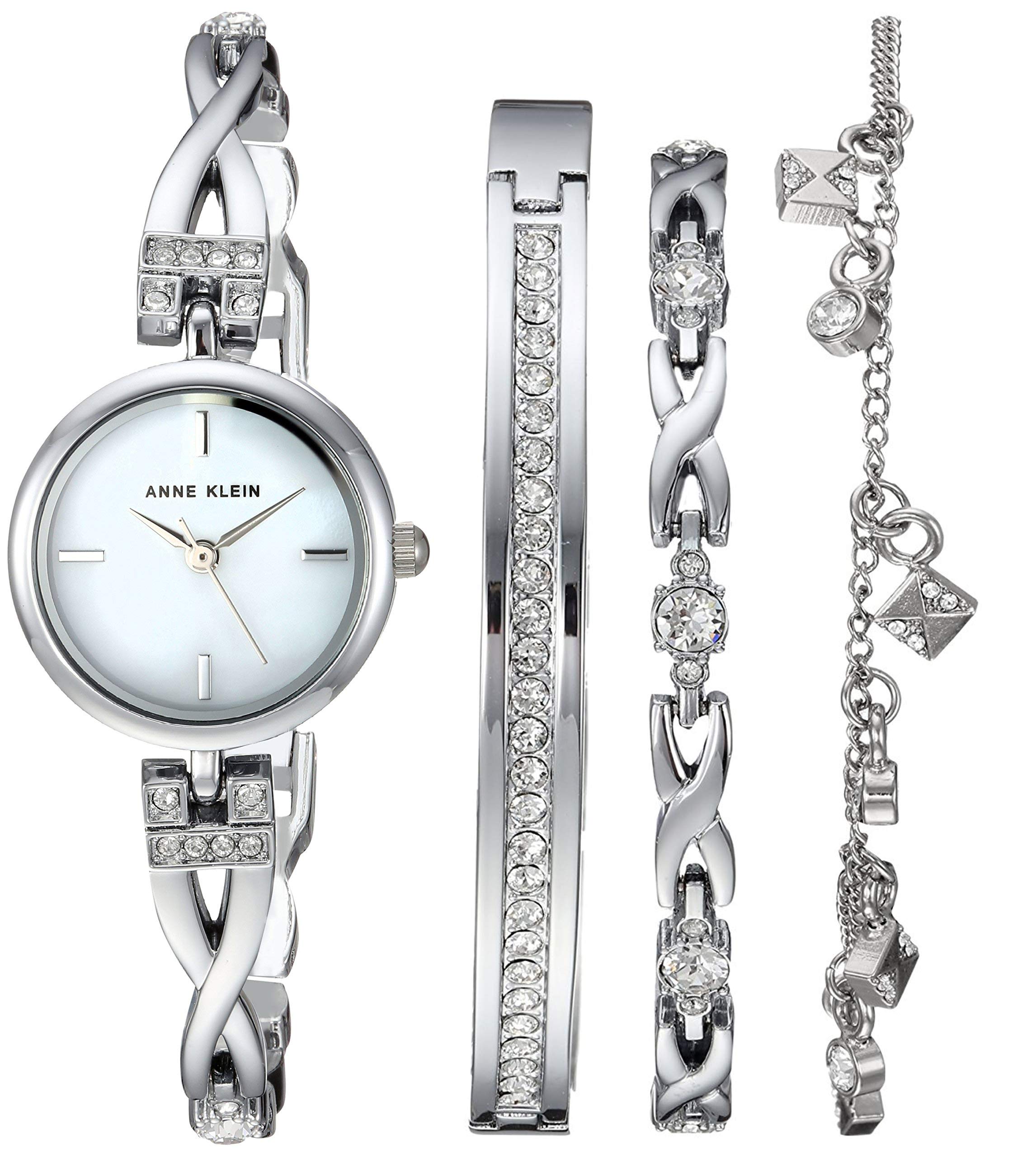 Anne Klein Women's Premium Crystal Accented Silver-Tone Watch & Bracelet Set - Elegant Jewelry Gift for Her, Perfect for Parties, Weddings & Special Occasions
