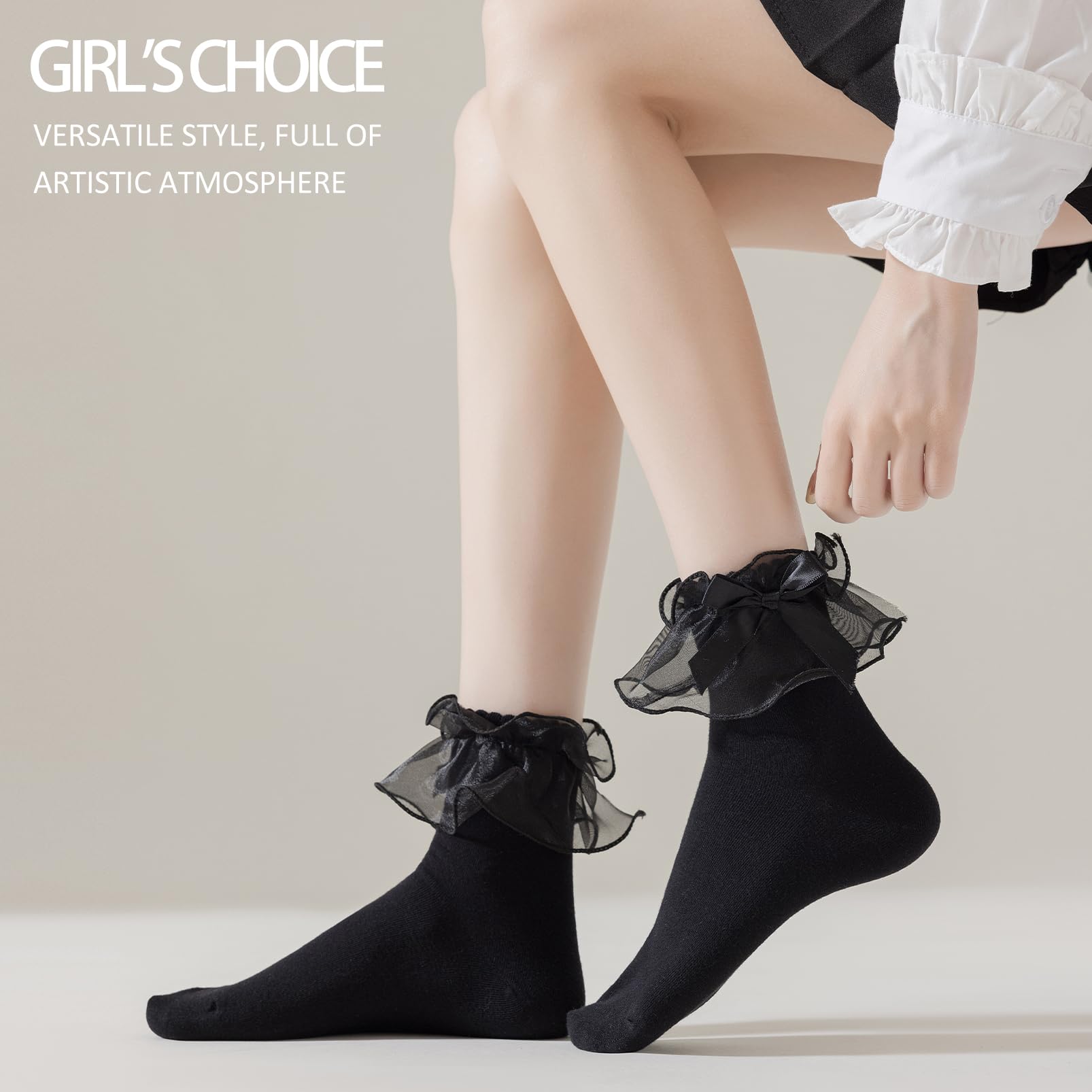 SEMOHOLLI Women's Lace Ruffle Ankle Socks - Cute Cotton Frilly Socks with Bow Trim for Casual Wear, Outfits & Gifts