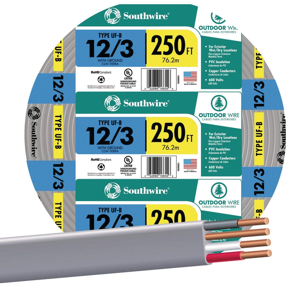 SOUTHWIRE 12/3 UF-B Underground Electrical Cable 250 ft - Direct Burial Wire for Outdoor Lighting, Irrigation & Landscape Projects